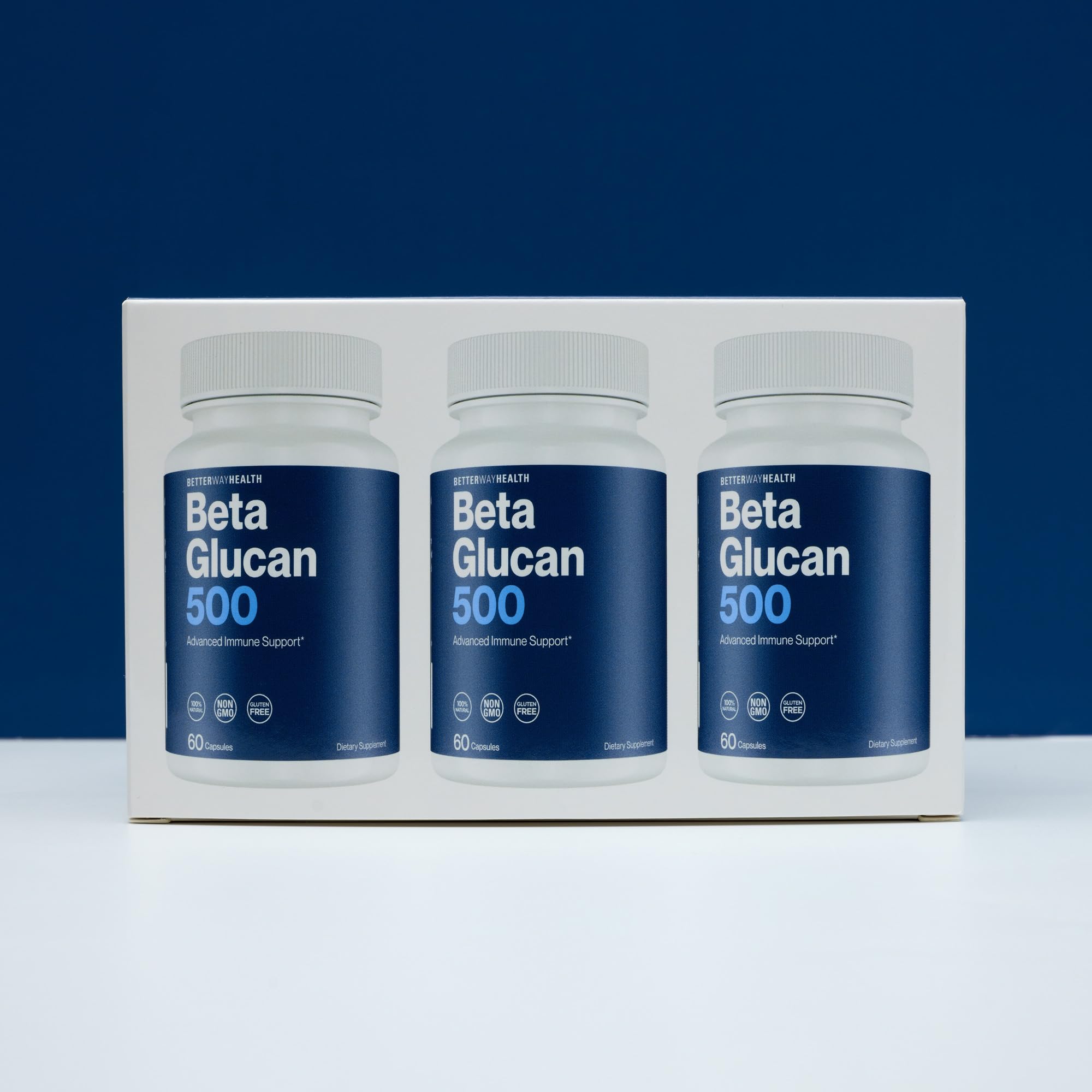 Producto sobre mesa, Beta Glucano 500, formato de cápsulas en presentación estable.