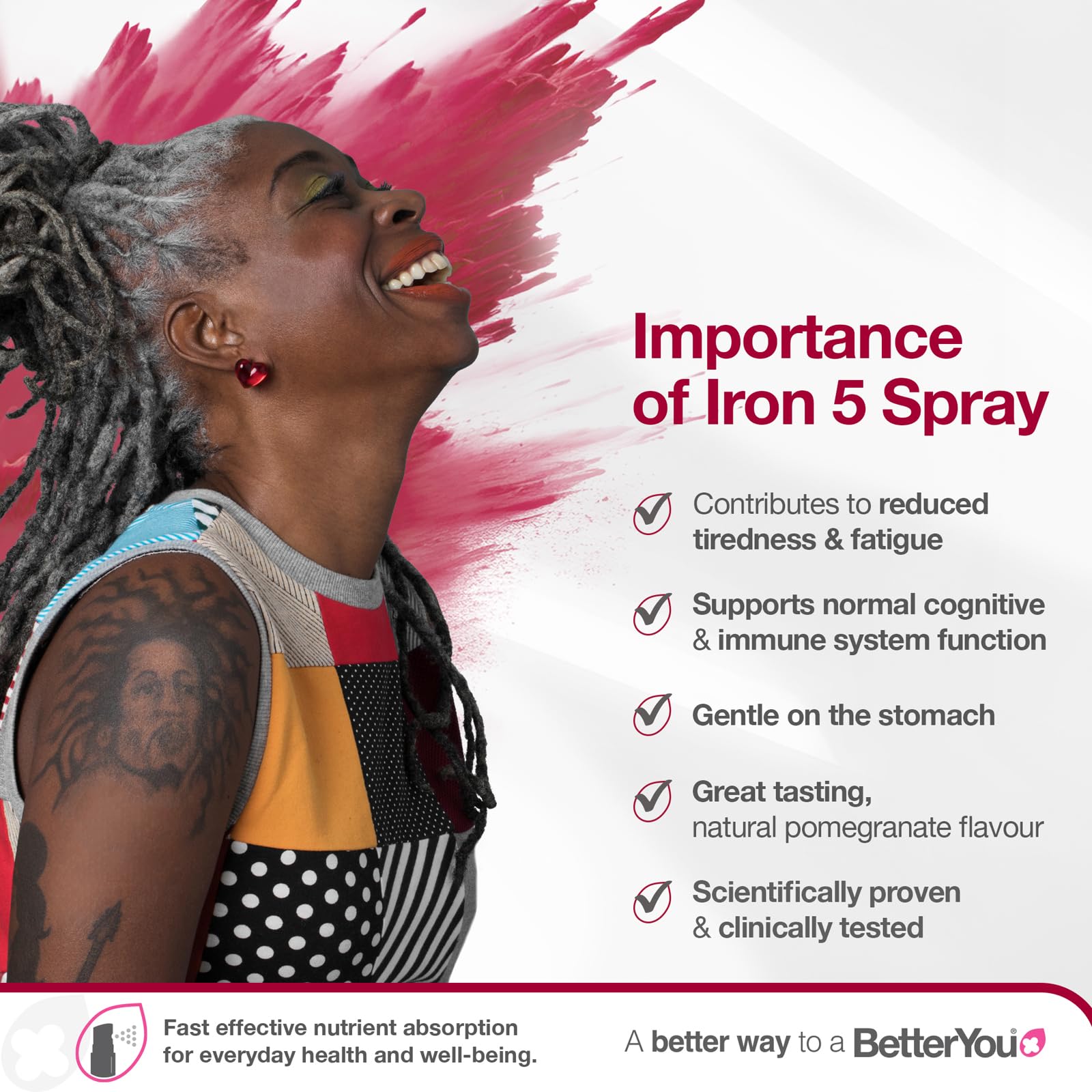 BetterYou Hierro 5 spray bucal, microgotas para ingesta cómoda.