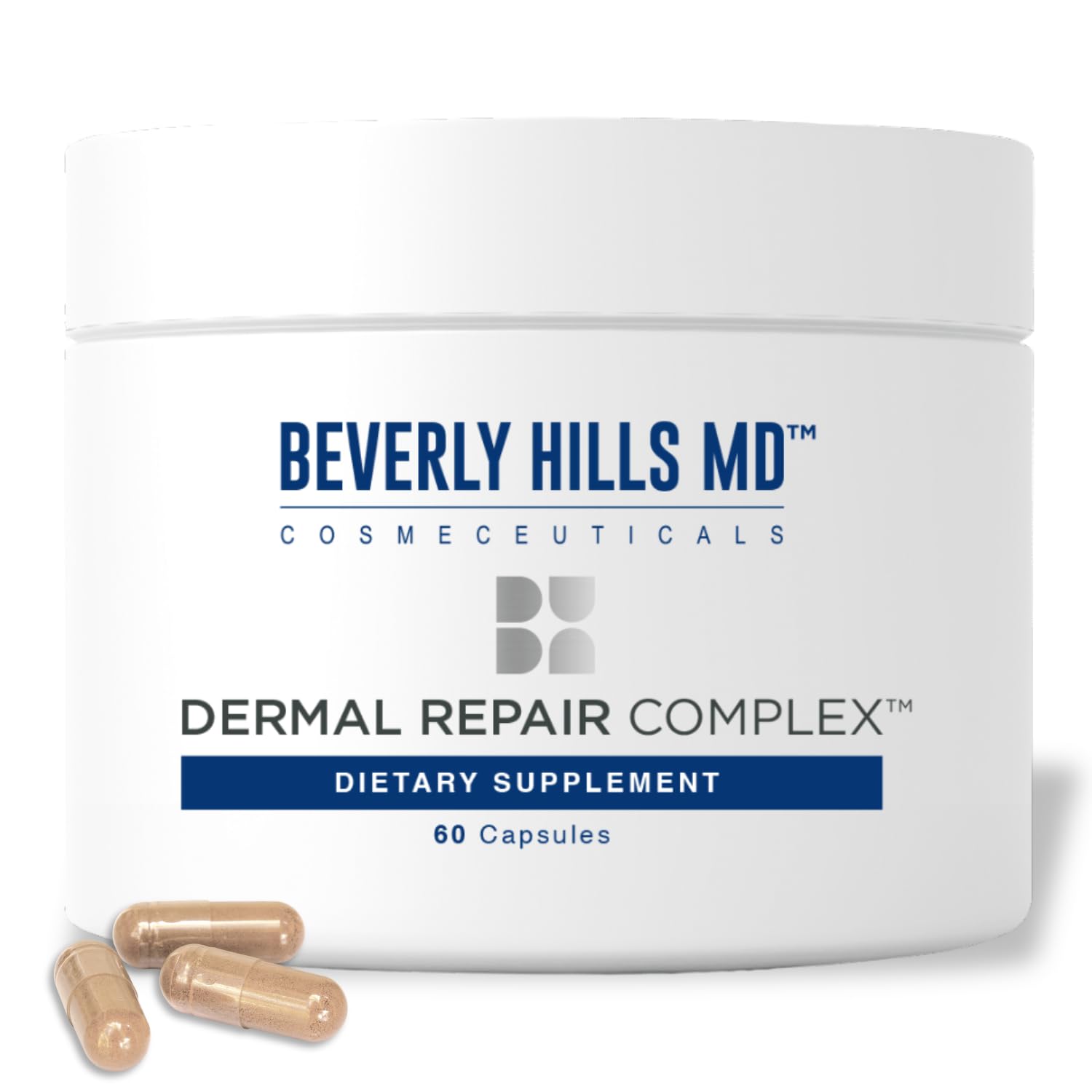 Dermal Repair de Beverly Hills MD, cápsula en primer plano para apoyar elasticidad y humedad de la piel.