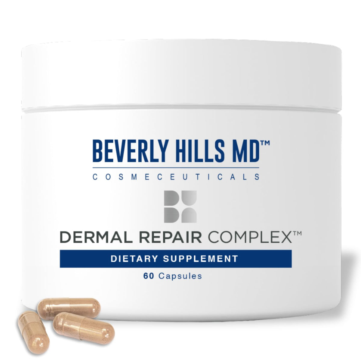 Dermal Repair de Beverly Hills MD, cápsula en primer plano para apoyar elasticidad y humedad de la piel.