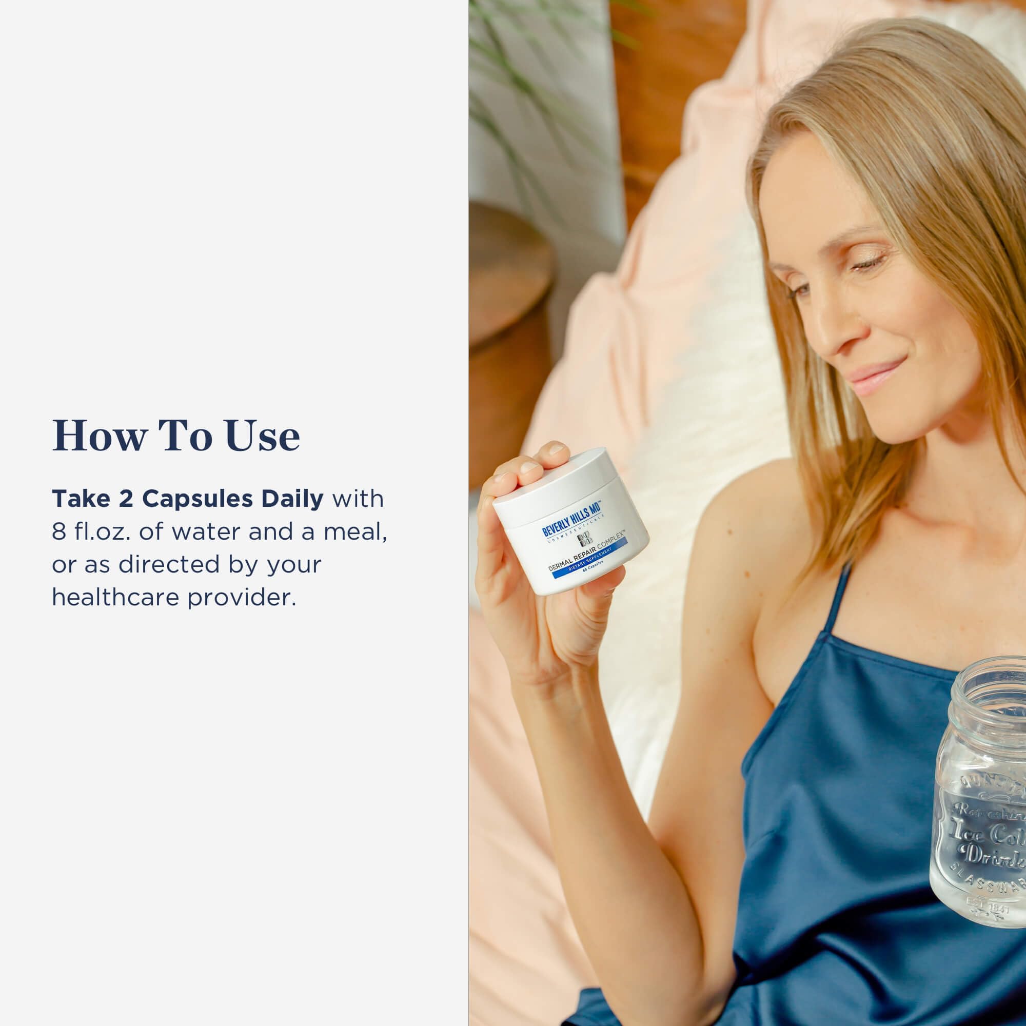Dermal Repair de Beverly Hills MD, etiqueta informativa que resalta ingredientes clave.