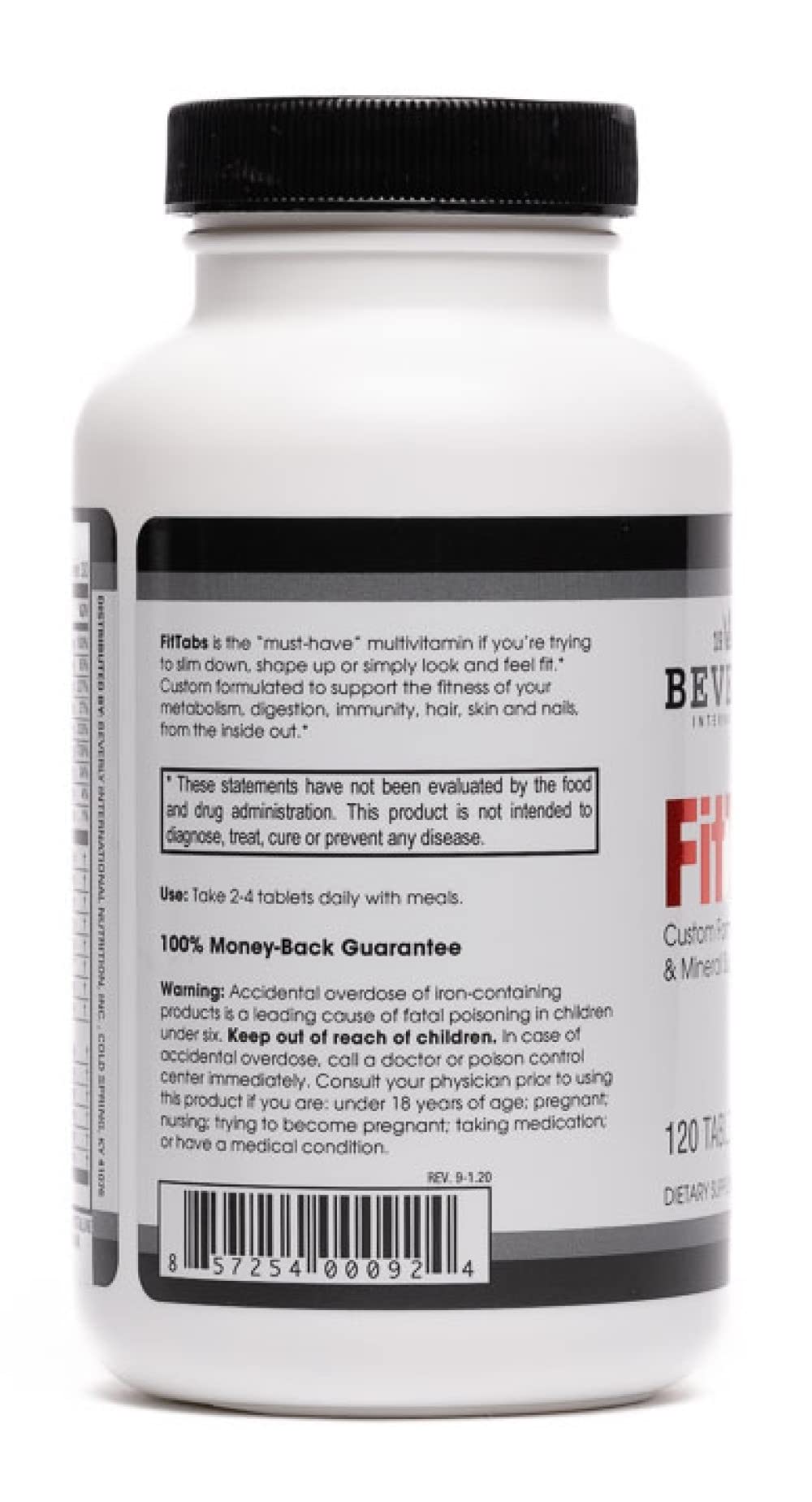 Beverly International FitTabs, etiqueta detalle, muestra nutrientes clave para bienestar diario.