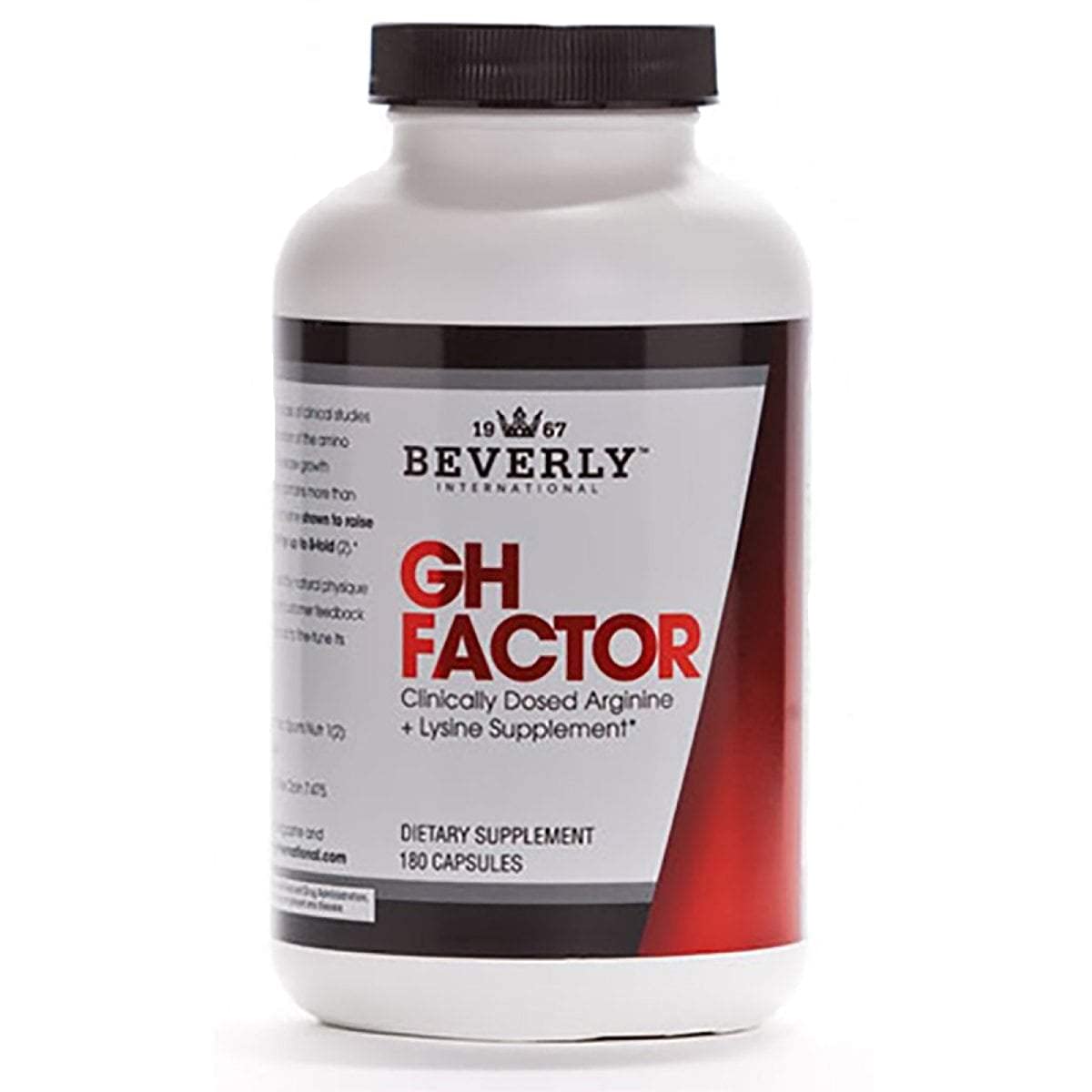 Beverly International GH Factor, botella en primer plano, posible apoyo para definición muscular.