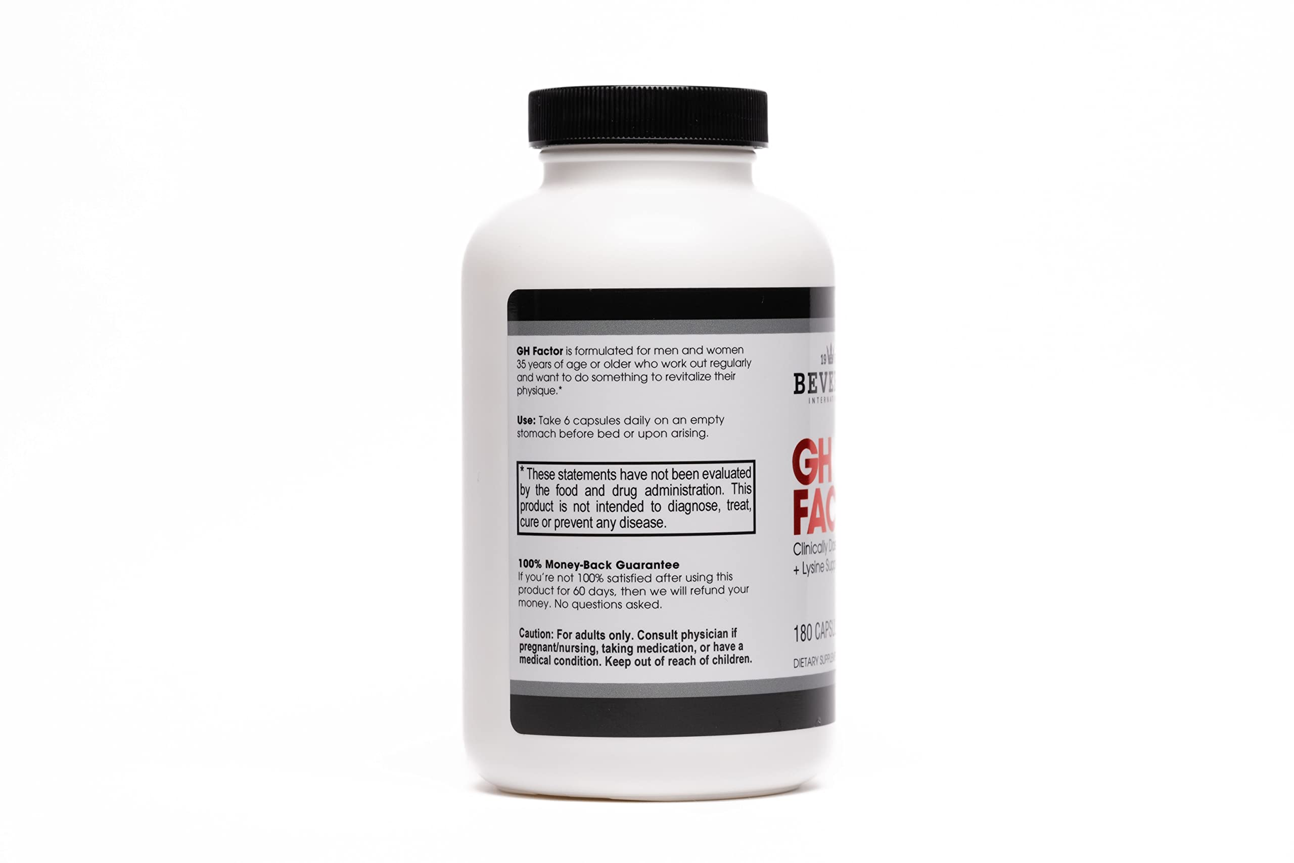 Beverly International GH Factor, etiqueta detallada, transparencia de ingredientes de calidad.