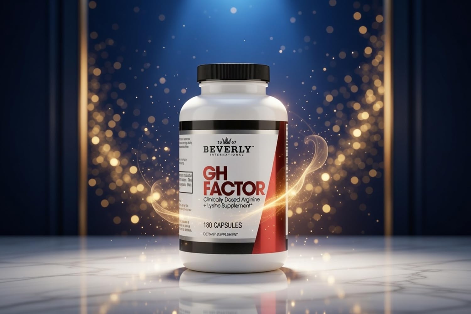 Beverly International GH Factor, mano sosteniendo envase, posible impulso de energía y rendimiento.
