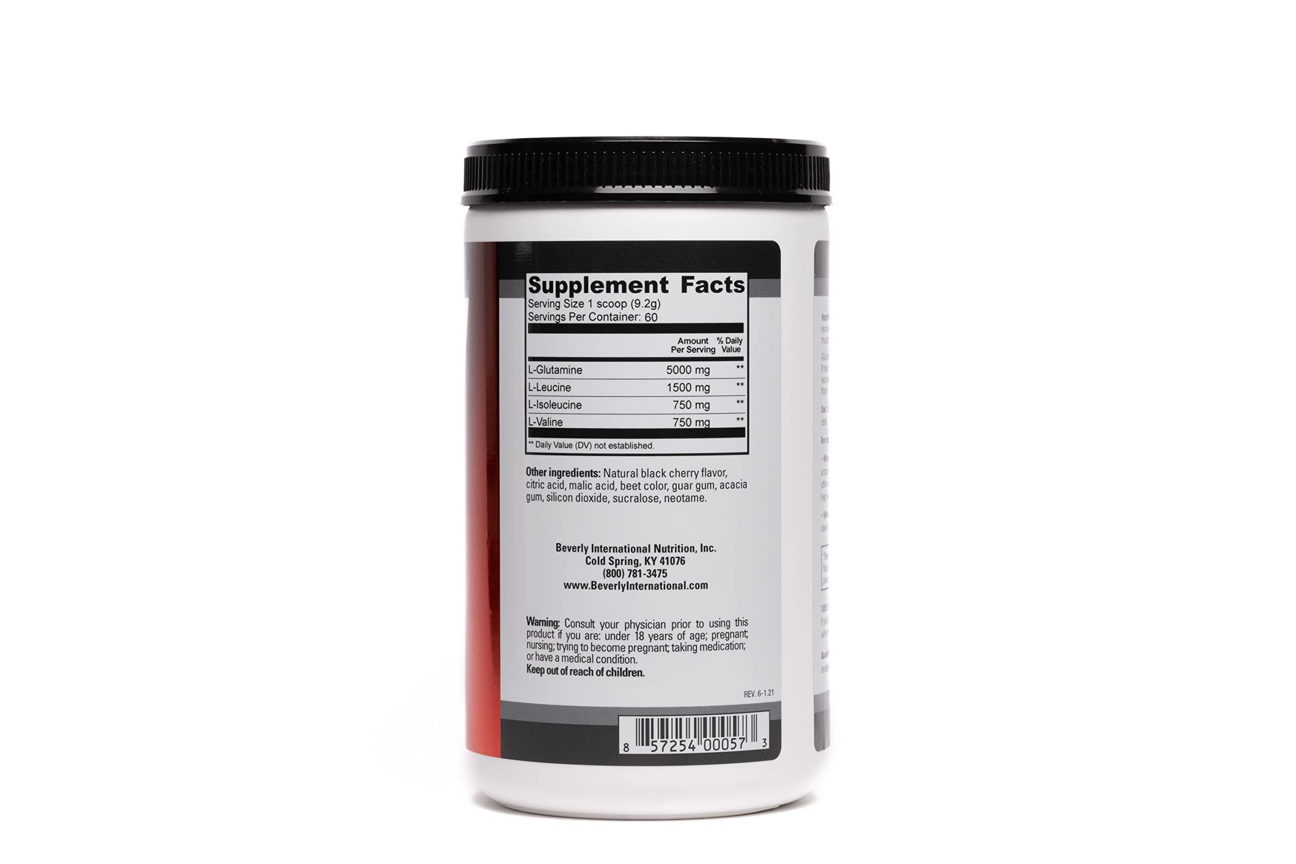 Etiqueta frontal de Beverly International Glutamine Select con dosis y sabor