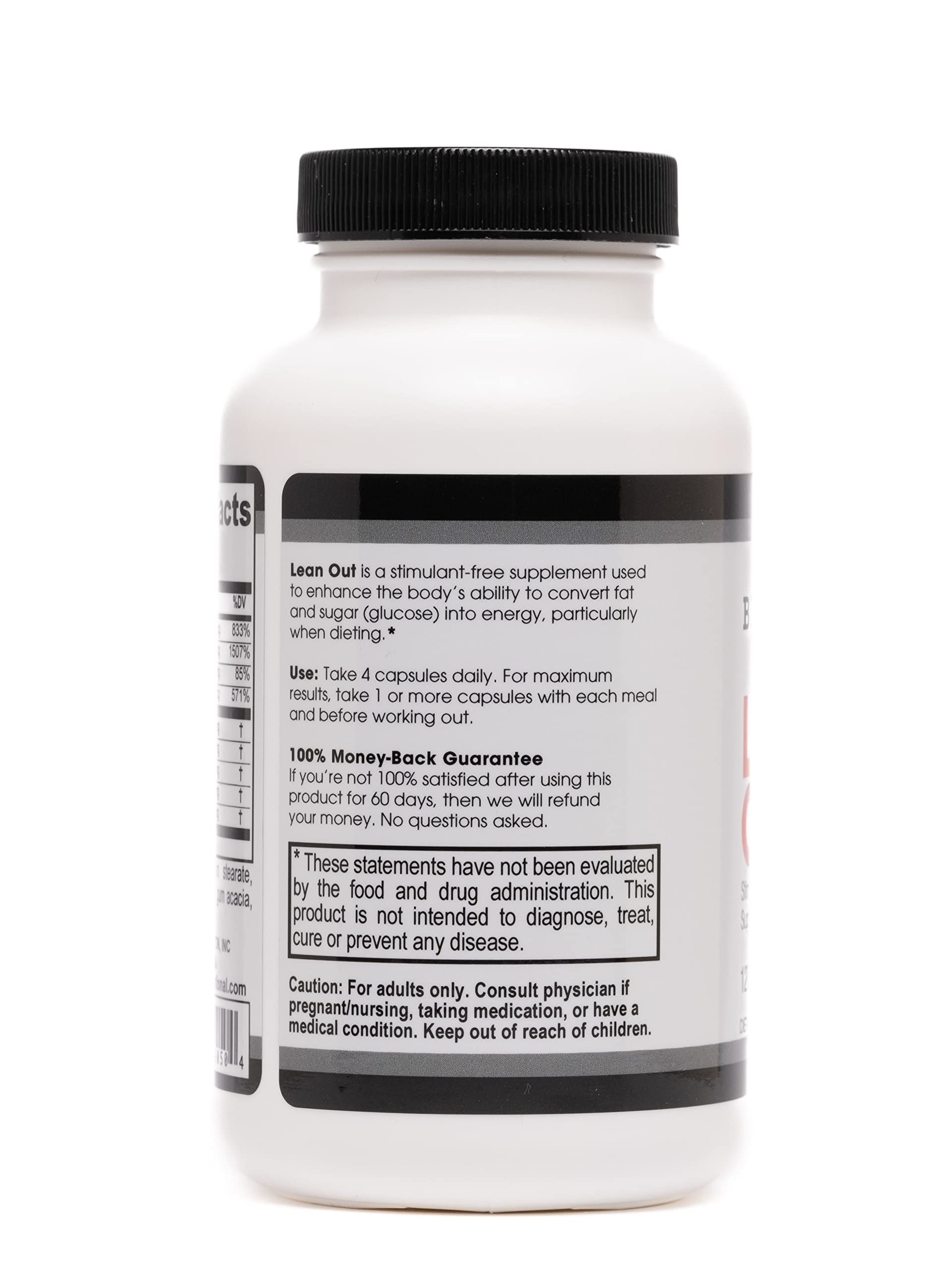 Etiqueta de Lean Out con información de lipotrópicos y beneficios.