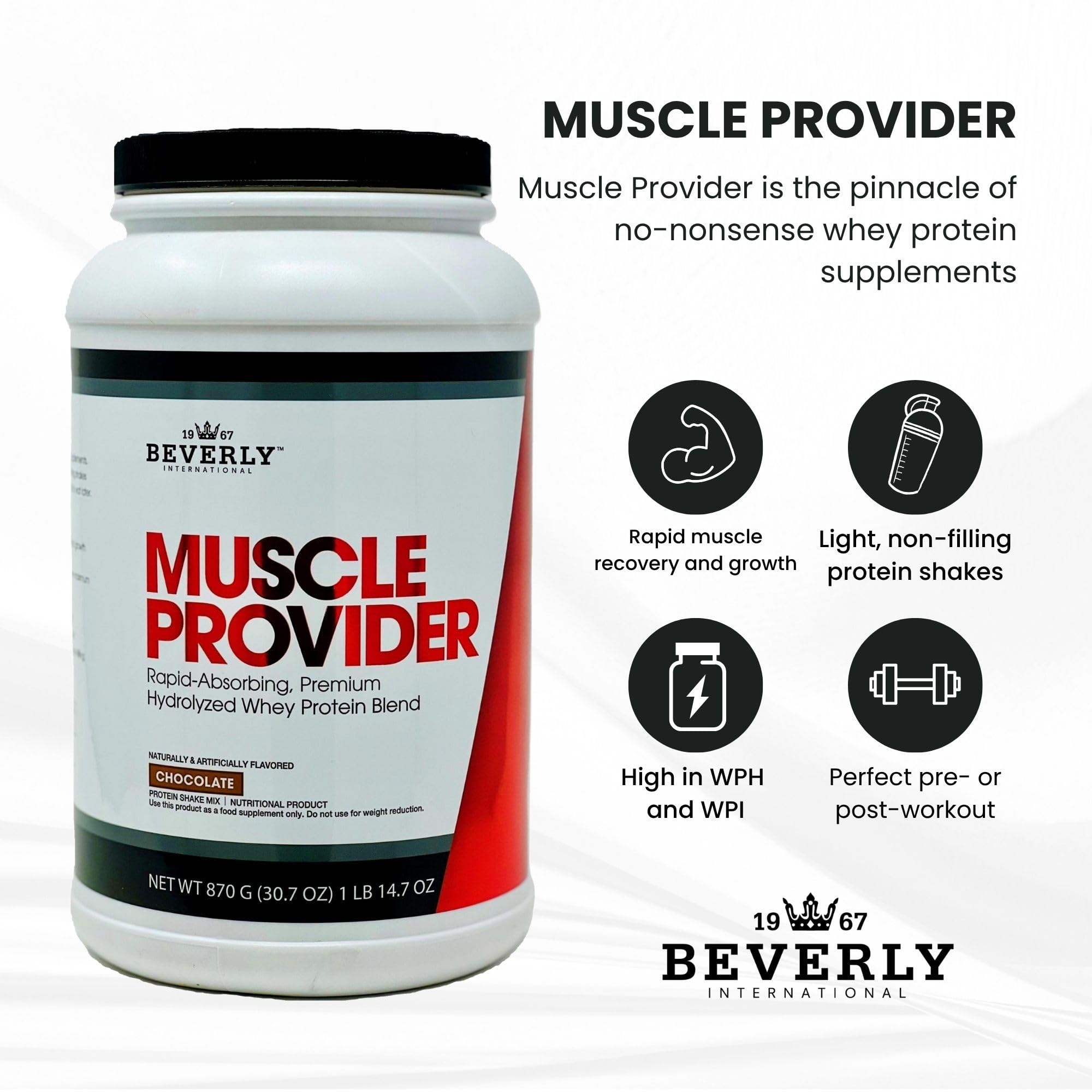 Muscle Provider de Beverly International, proteína hidrolizada para absorción rápida.