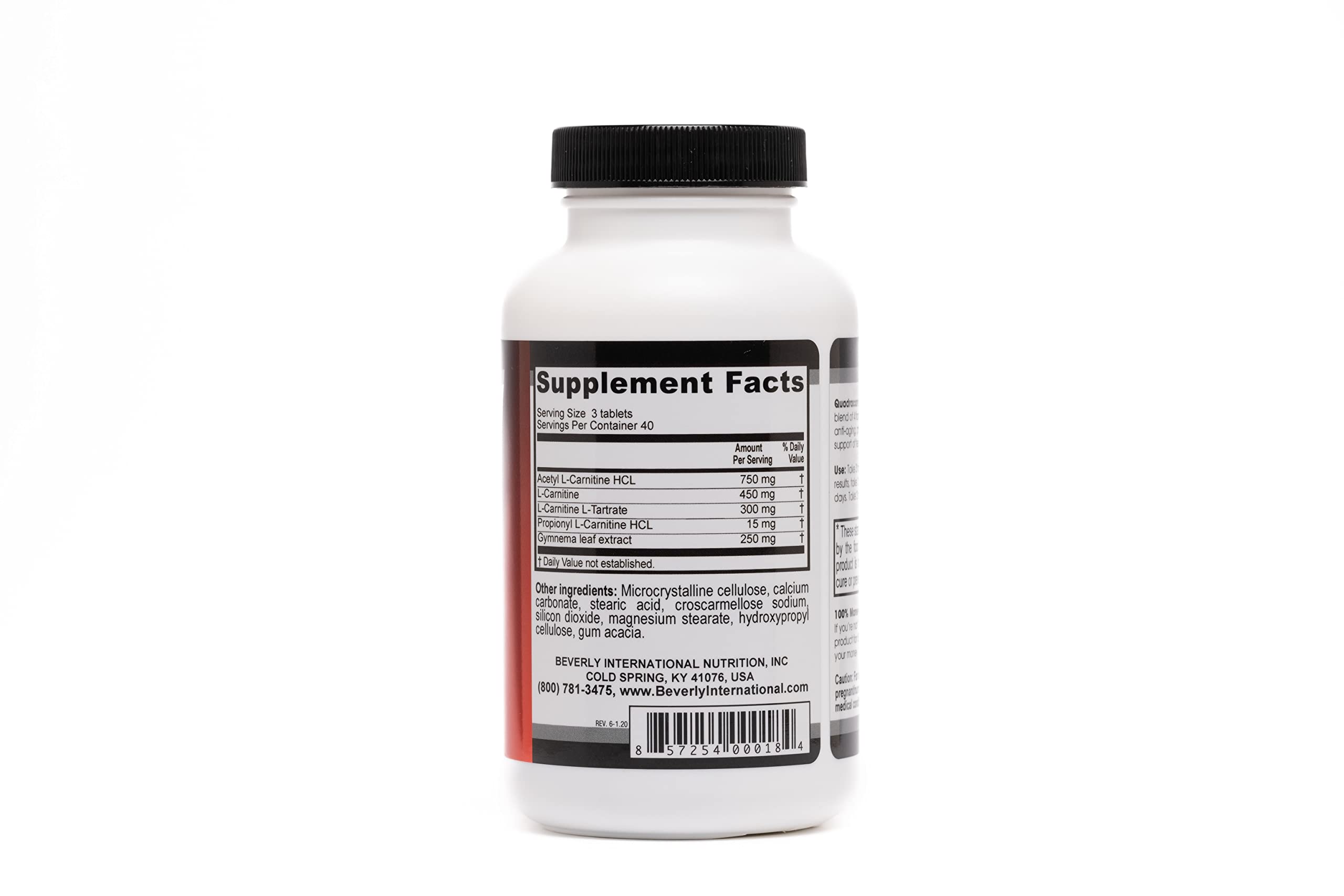 Etiqueta de Quadracarn Beverly International, detalle de ingredientes clave para metabolismo.