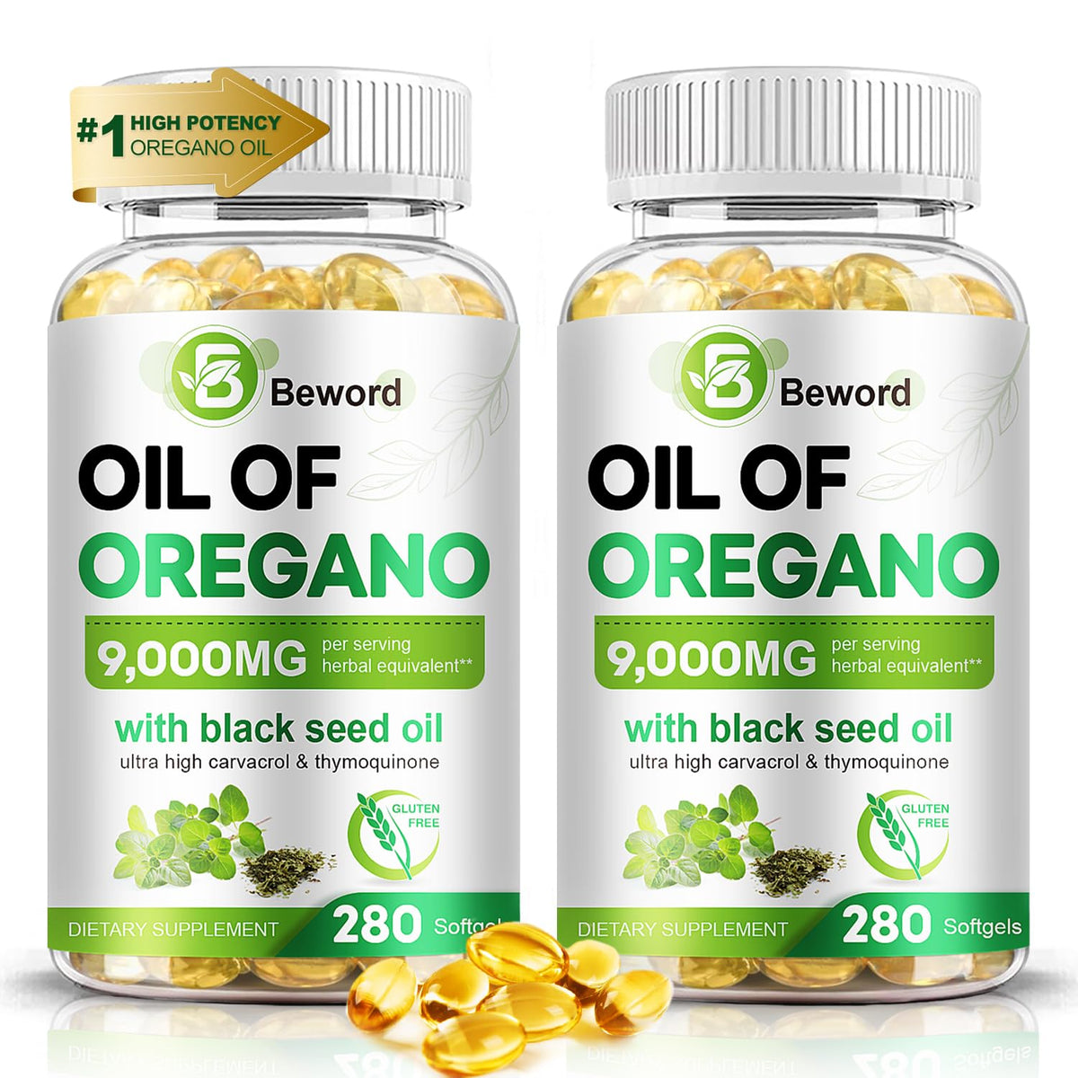 BEWORD aceite de orégano con semilla negra en botella, defensa antioxidante diaria.
