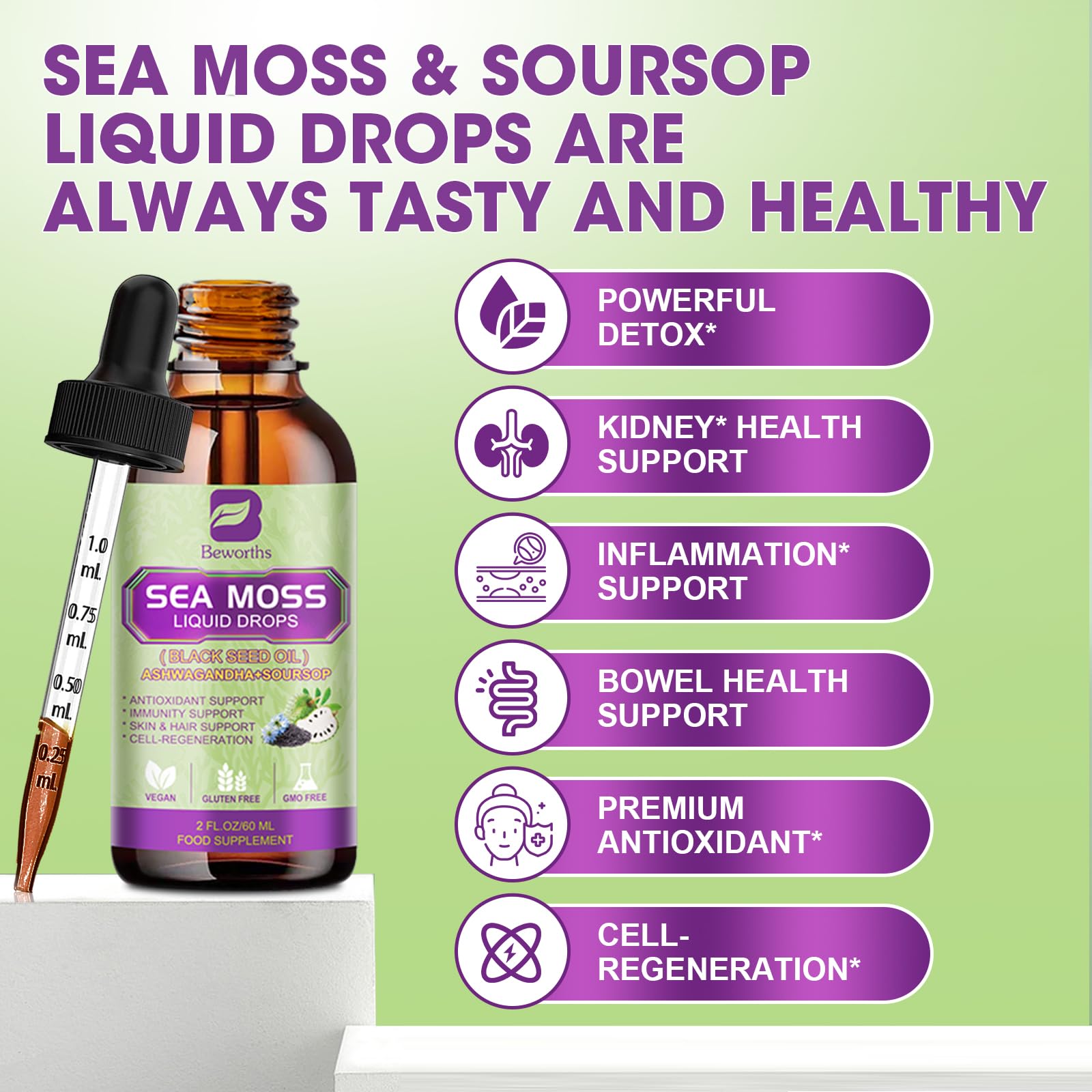 Mezcla herbal Beworths con ingredientes clave para bienestar digestivo.