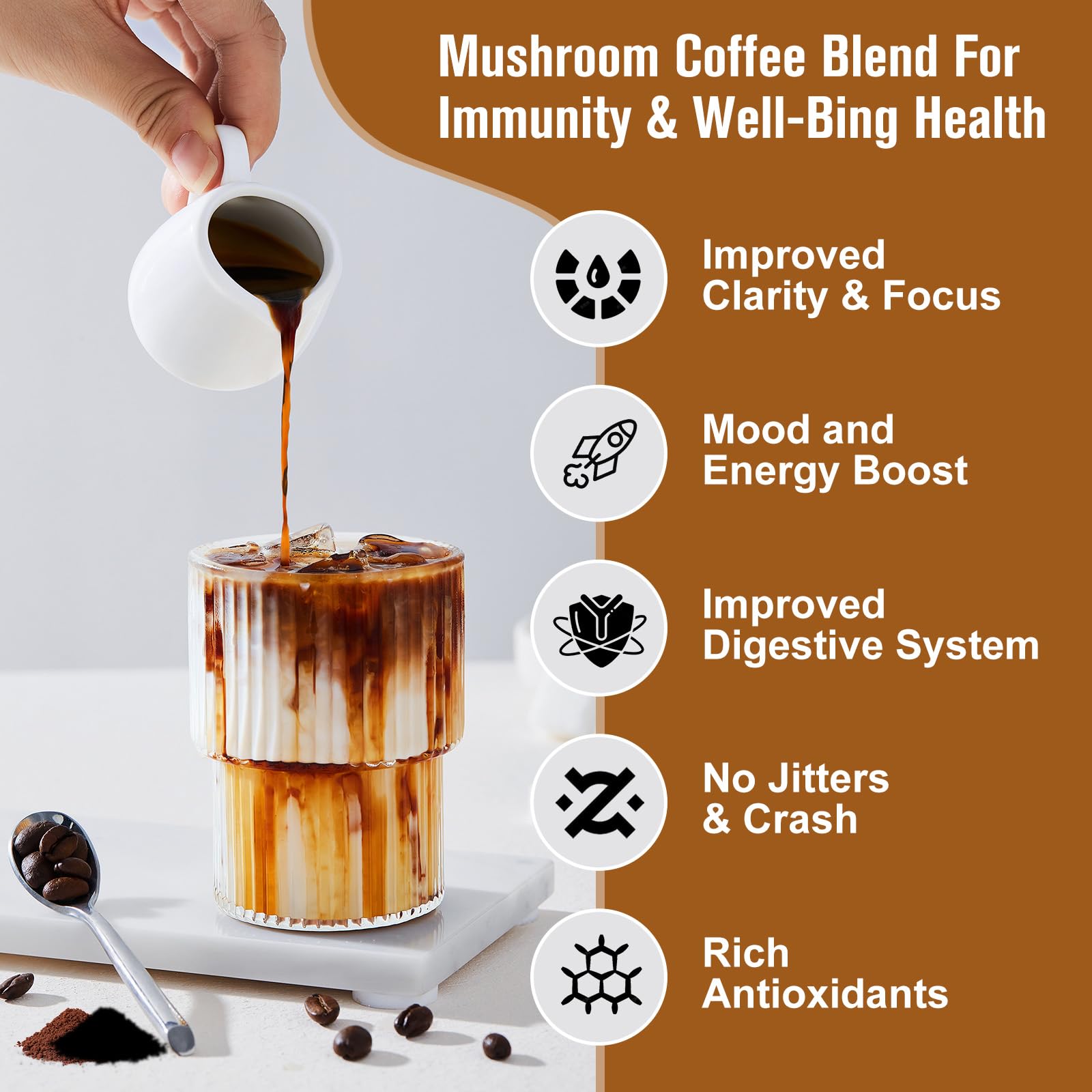 B BEWORTHS Mushroom Coffee: energía sostenida con cafeína baja.