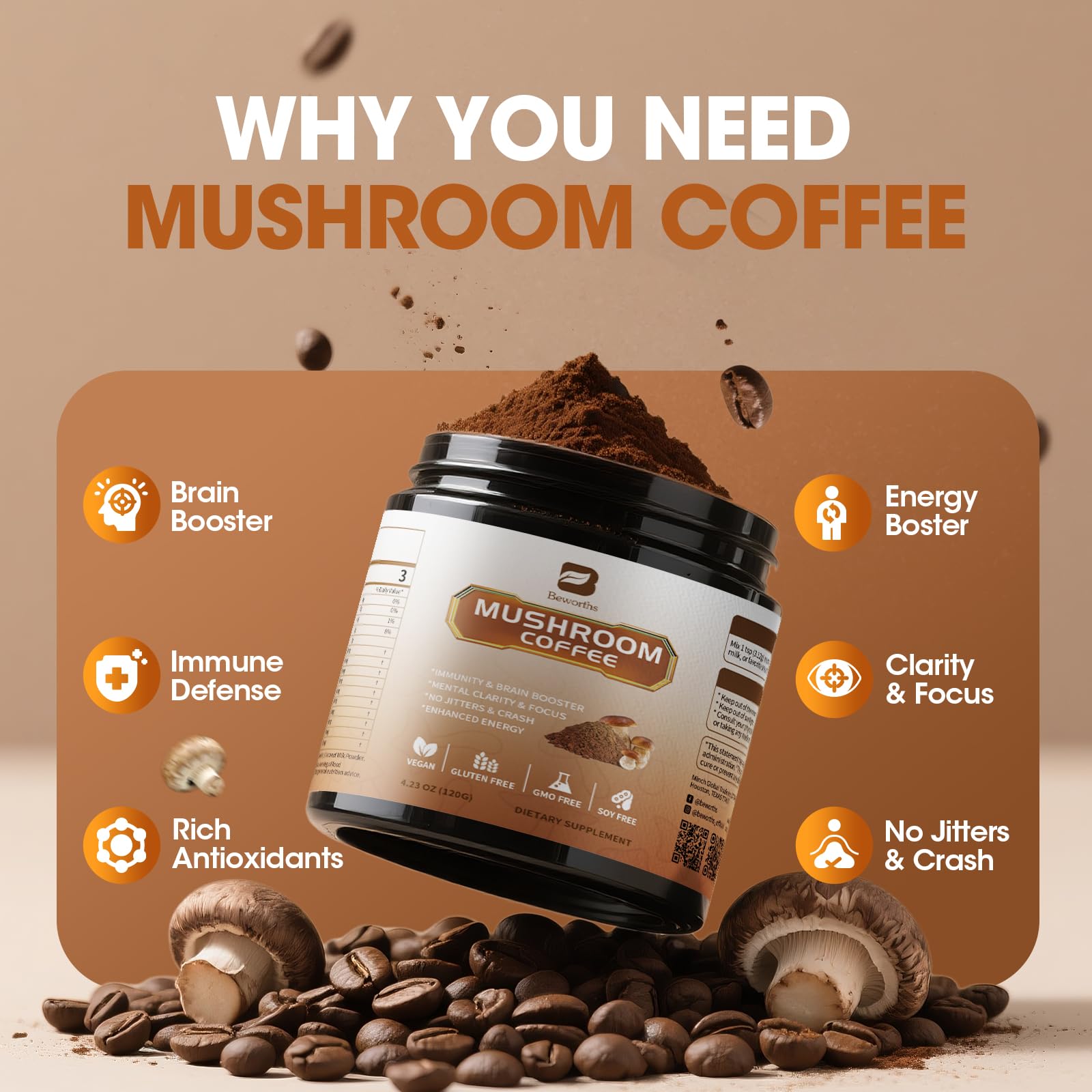 B BEWORTHS Mushroom Coffee: mezcla de hongos premium para bienestar diario.