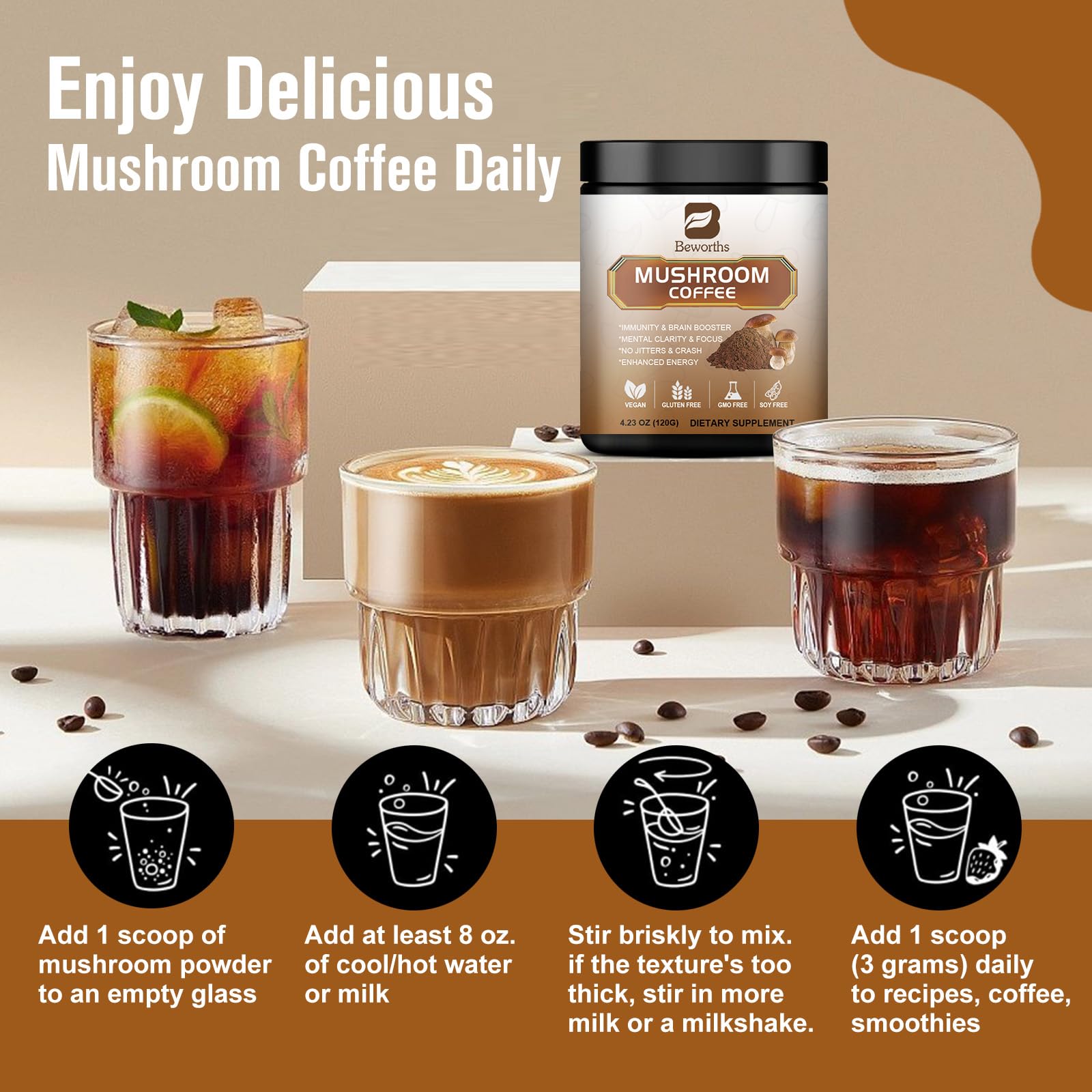 B BEWORTHS Mushroom Coffee: ideal para smoothies y recetas con hongos.