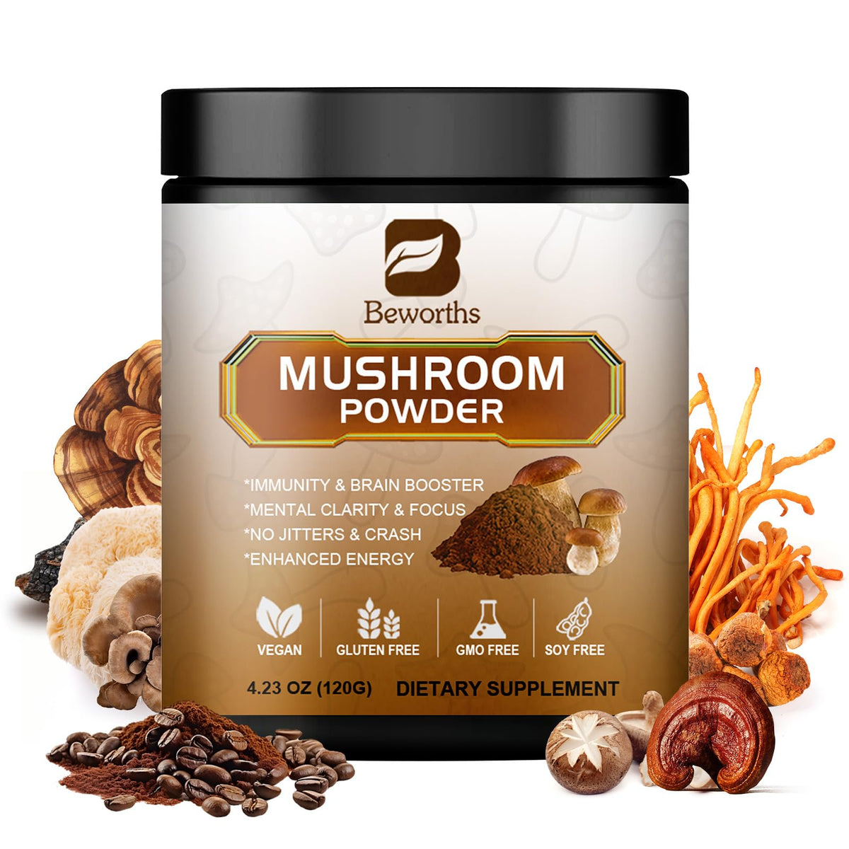 B BEWORTHS Mushroom Coffee: taza humeante para energía equilibrada.