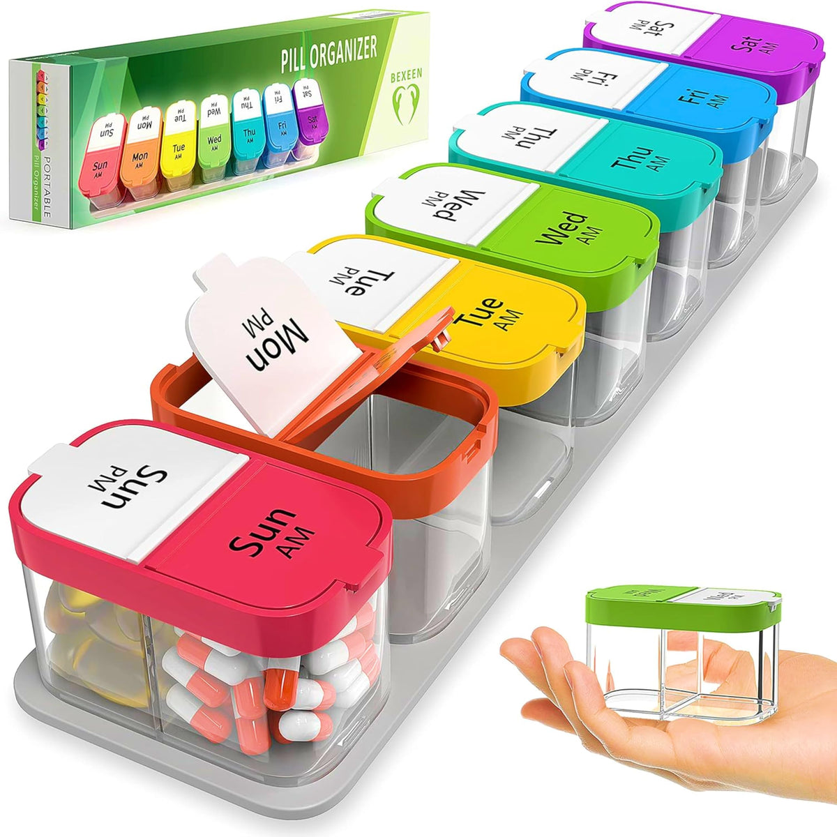 BEXEEN organizador semanal XL de pastillas con días visibles para la semana.