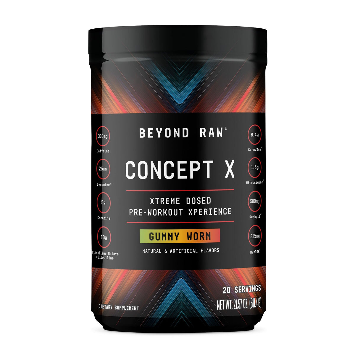 BEYOND RAW Concept X en envase, energía sostenida para entrenamientos intensos.