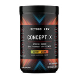 BEYOND RAW Concept X en envase, energía sostenida para entrenamientos intensos.