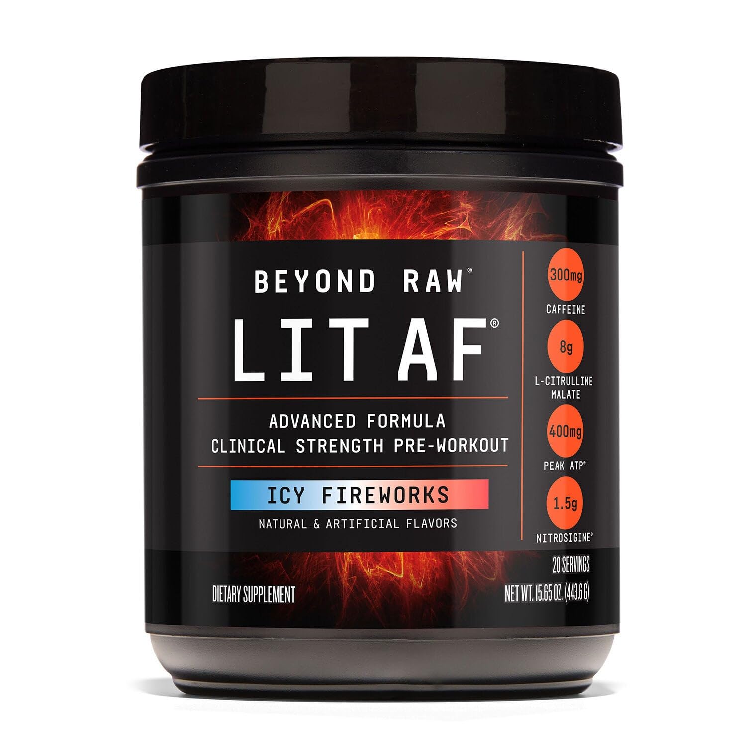BEYOND RAW LIT AF envase, energía sostenida para entrenamientos intensos