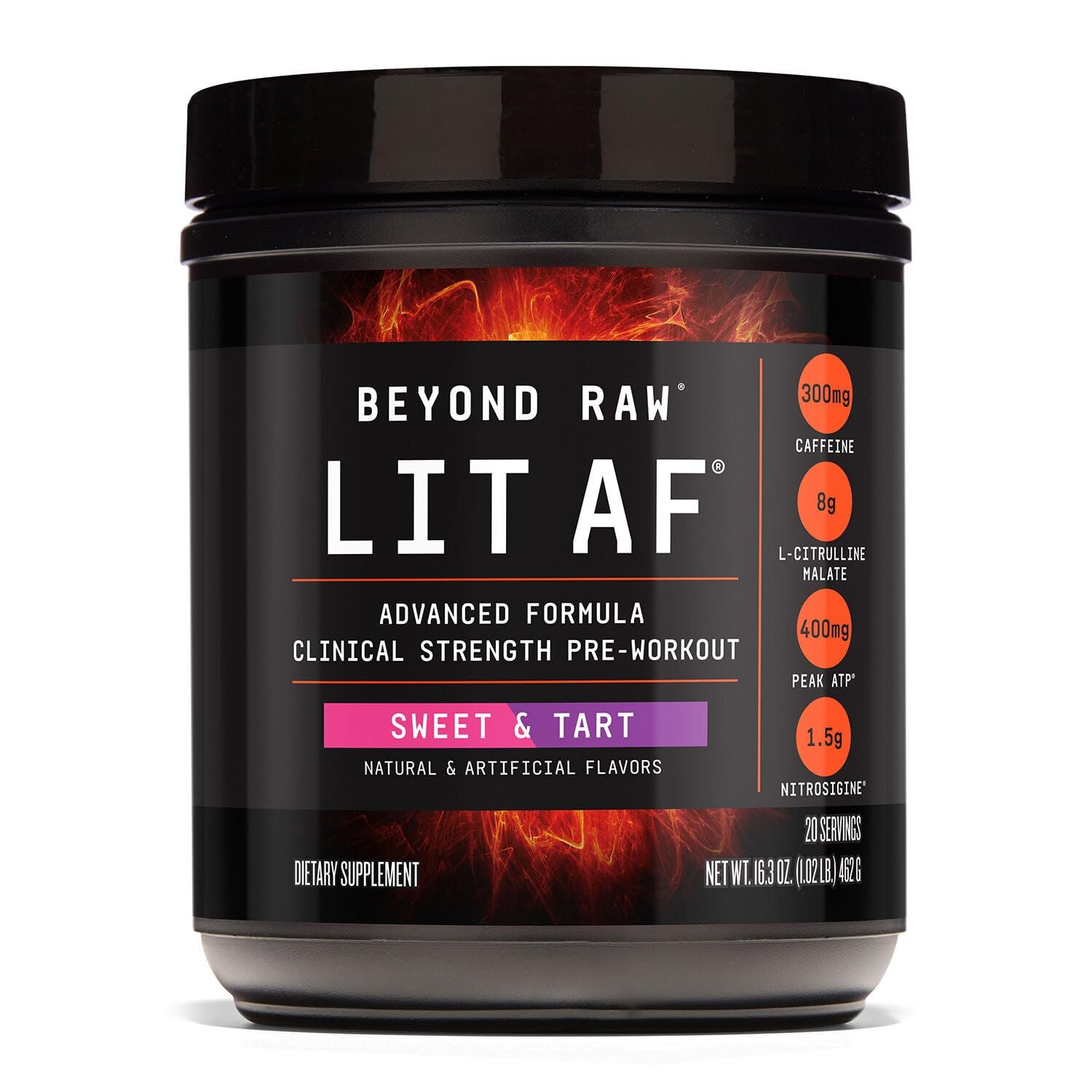 BEYOND RAW LIT AF envase en primer plano para energía sostenida