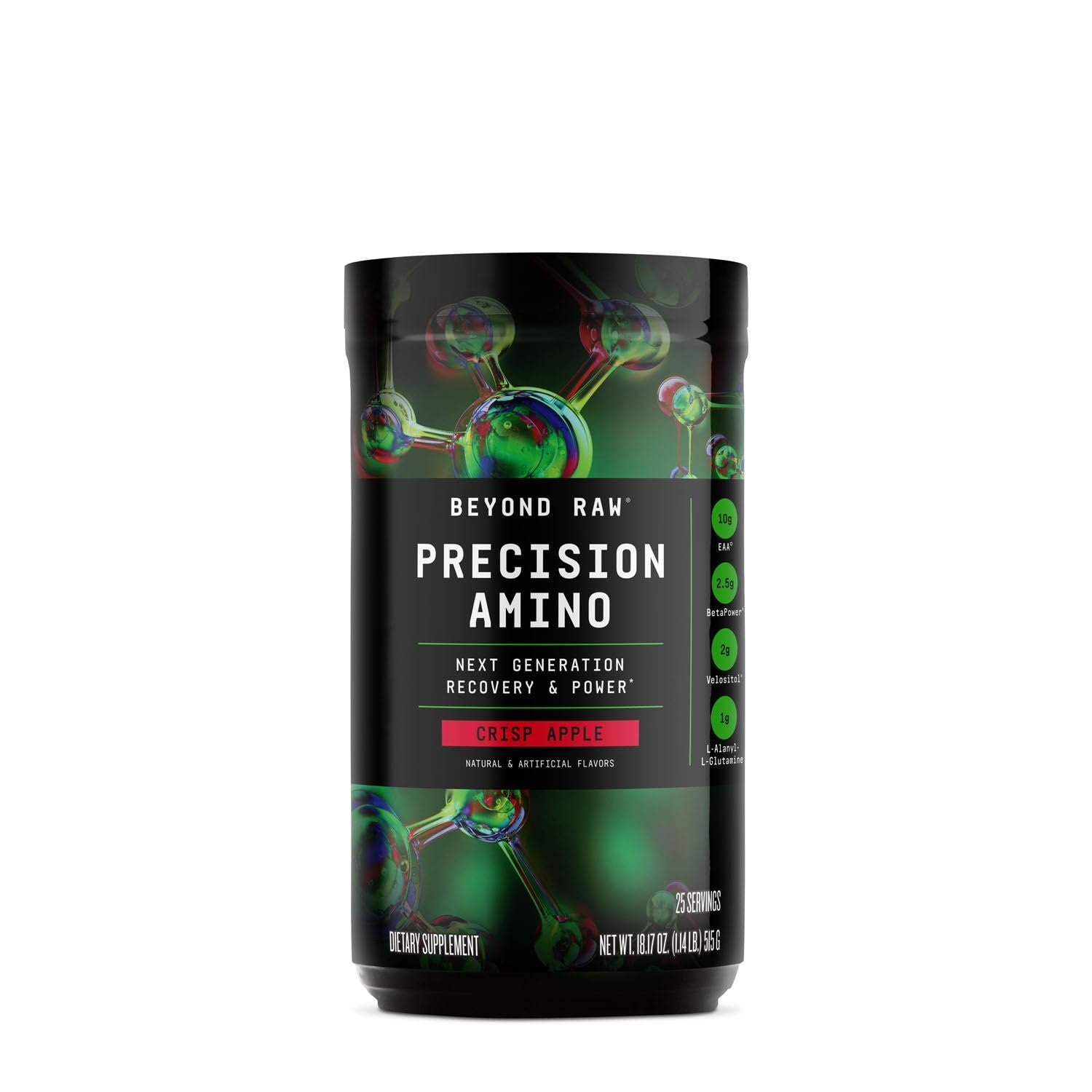 BEYOND RAW Precision Amino, botella abierta, lista para recuperación posterior al entrenamiento.