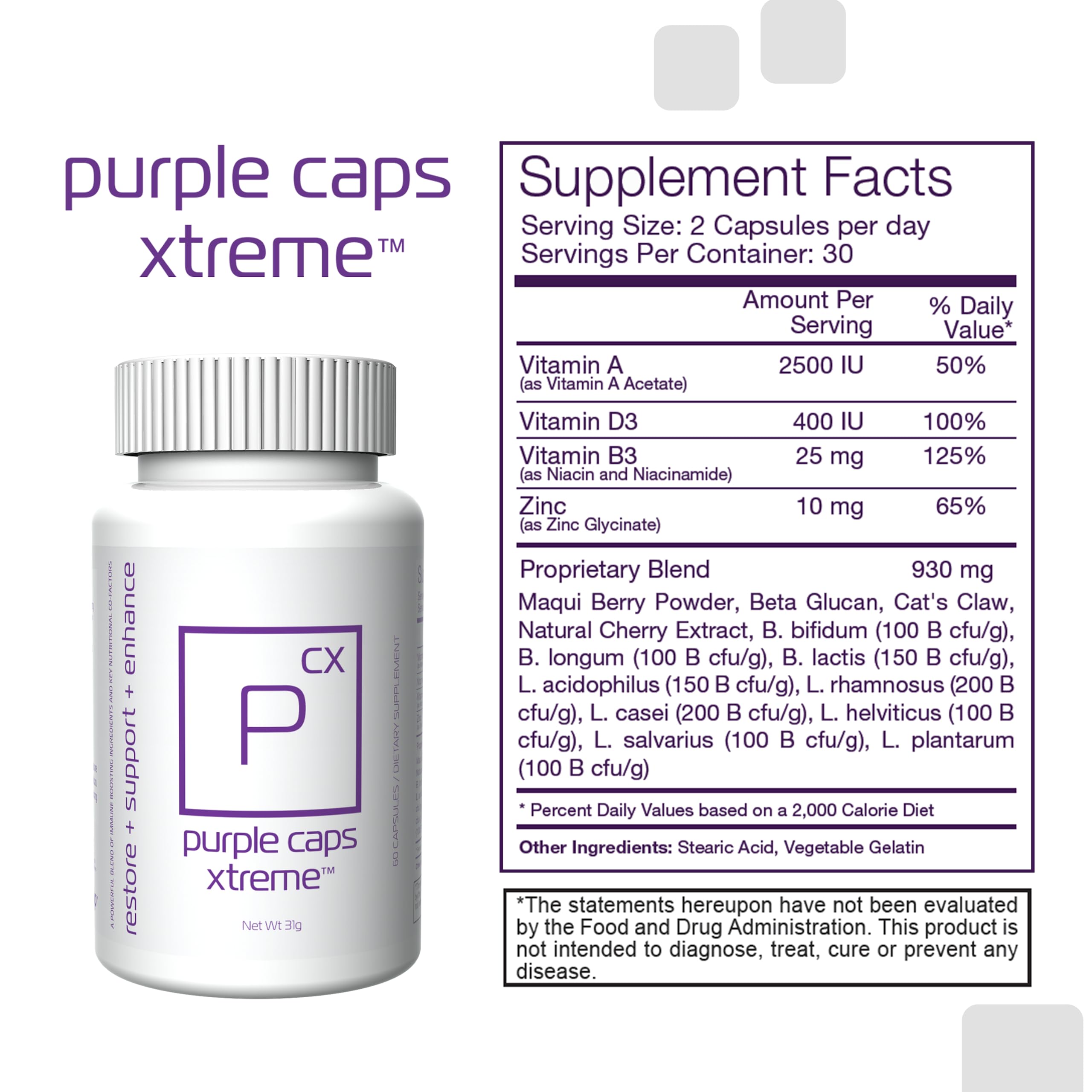 bhip Global Purple Caps Xtreme: etiqueta con uso recomendado y lista de vitaminas