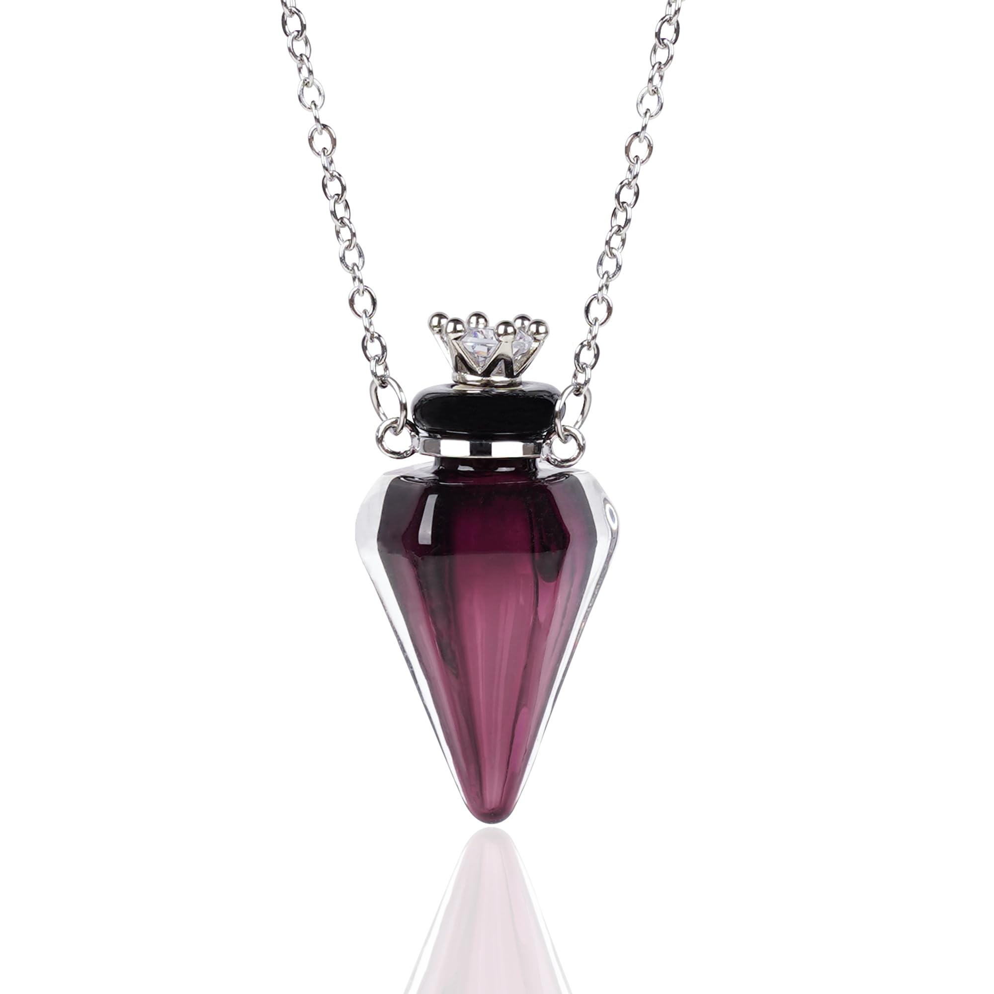 Collar Biiange con frasco de perfume morado en forma de diamante.