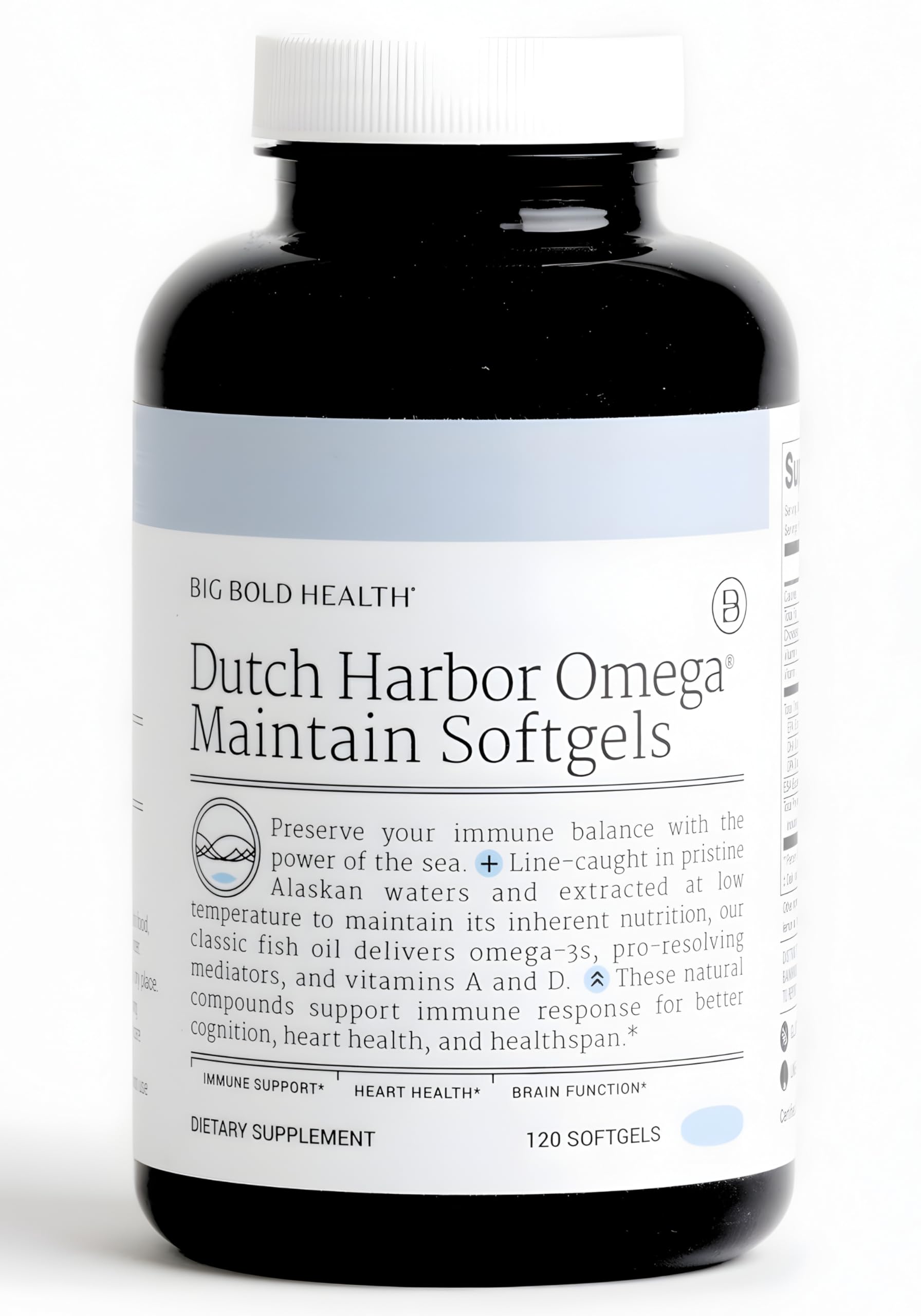 Big Bold Health Dutch Harbor Omega Maintain cápsulas blandas para ingesta diaria fácil.