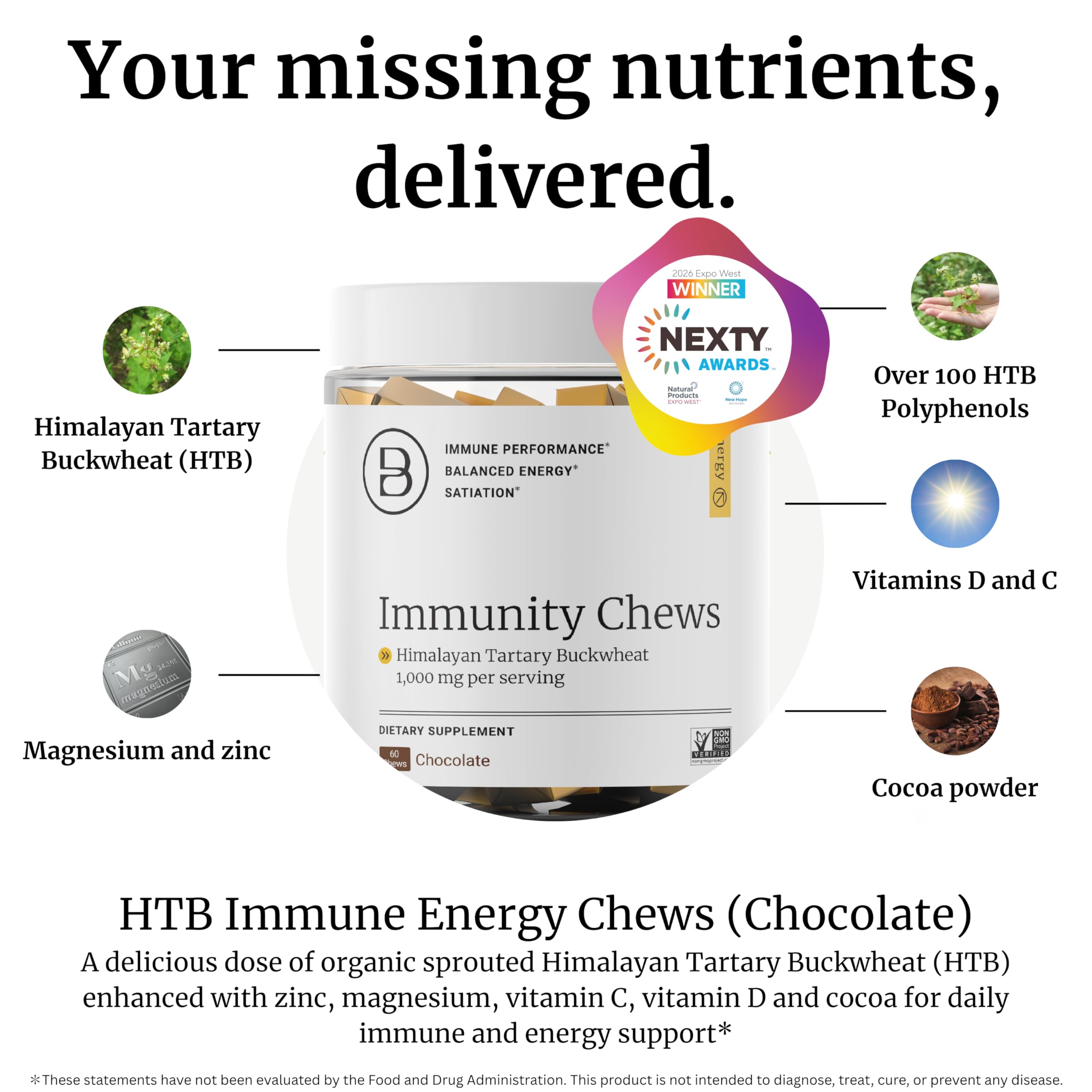 HTB Immunity Chews detalle chocolate, sabor agradable para energía diaria.