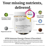 HTB Immunity Chews detalle chocolate, sabor agradable para energía diaria.