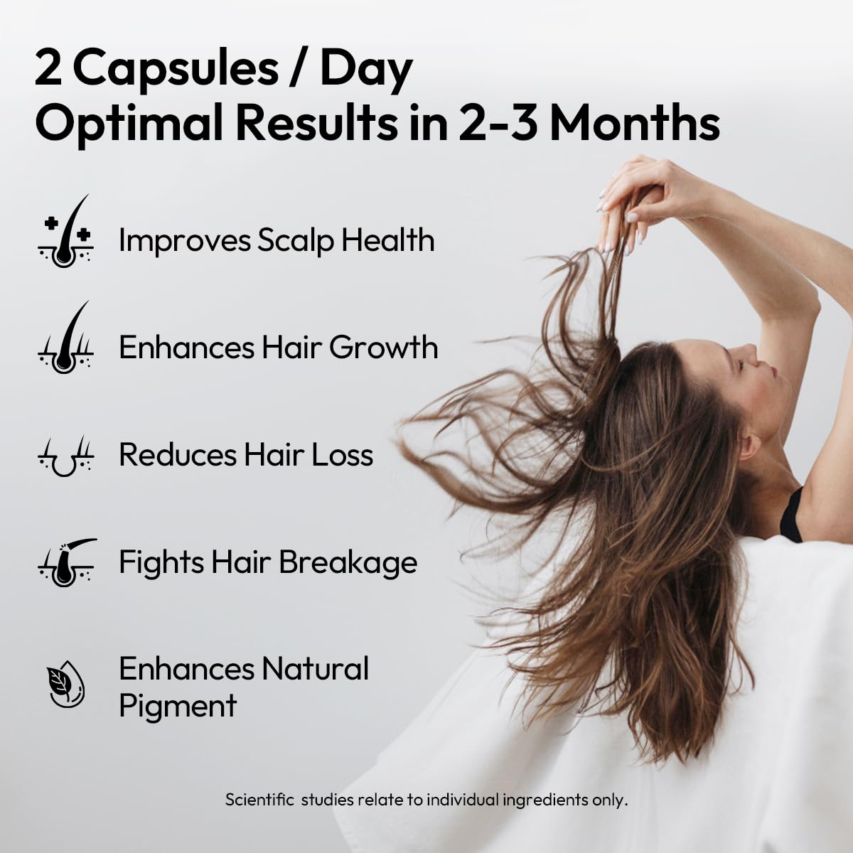 BIGVITA: primer plano de cápsulas para fortalecer el cabello diario.