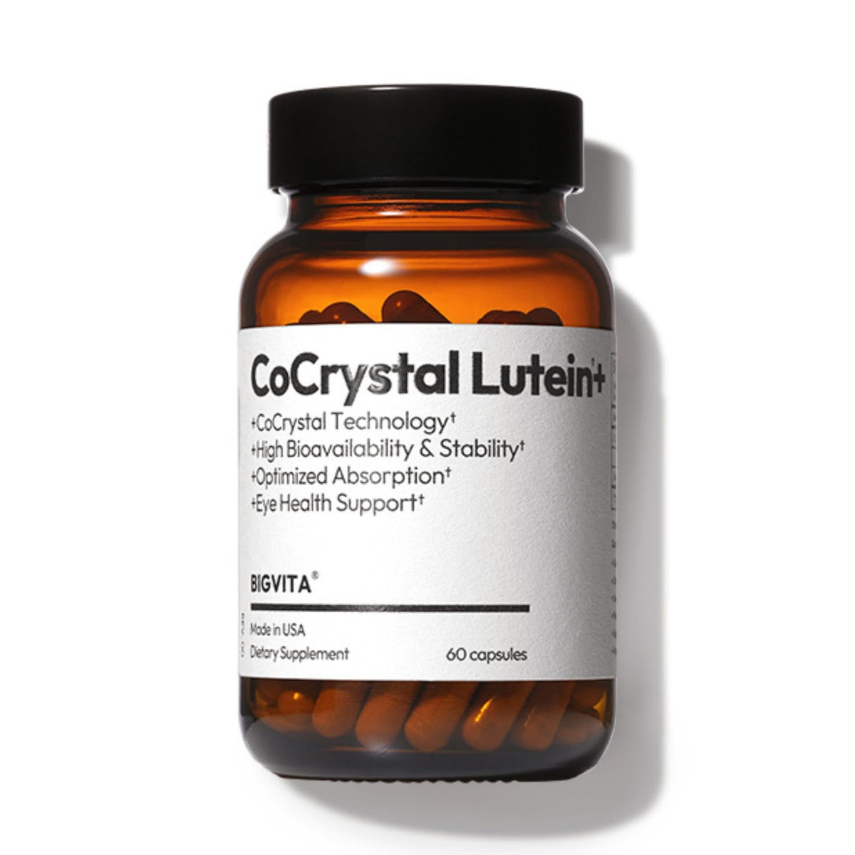 BIGVITA CoCrystal Lutein en botella con cápsulas para apoyo ocular diario y claridad visual.