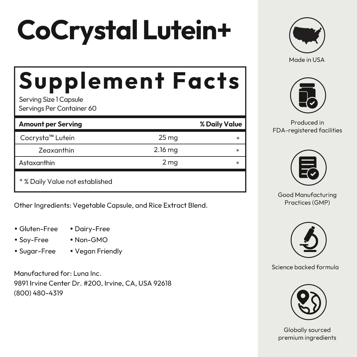 BIGVITA CoCrystal Lutein: caja exterior facilita dosis para uso nocturno.