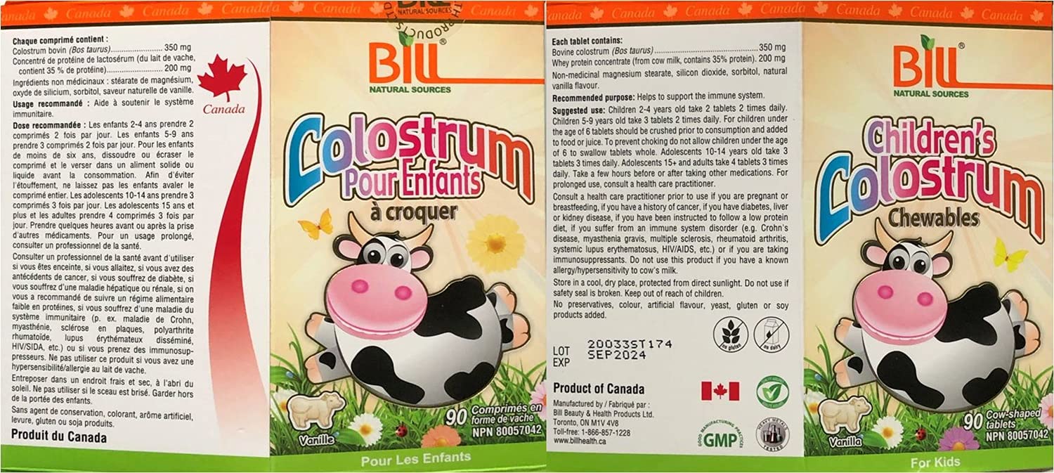 Bill Natural Sources Ninos Colostro masticables espalda: etiqueta con ingredientes clave.