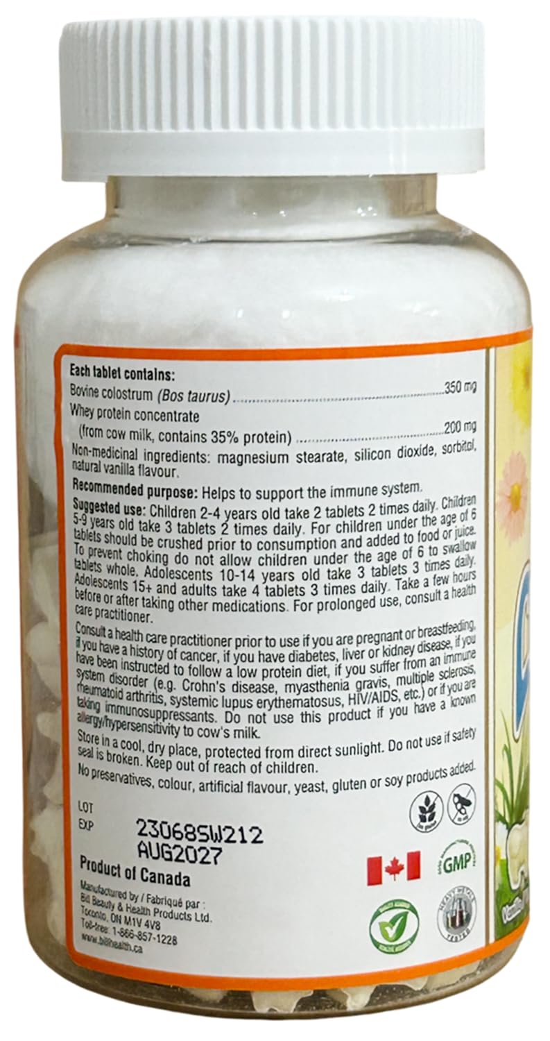 Bill Natural Sources Ninos Colostro masticables en mano: formato cómodo para consumo diario.