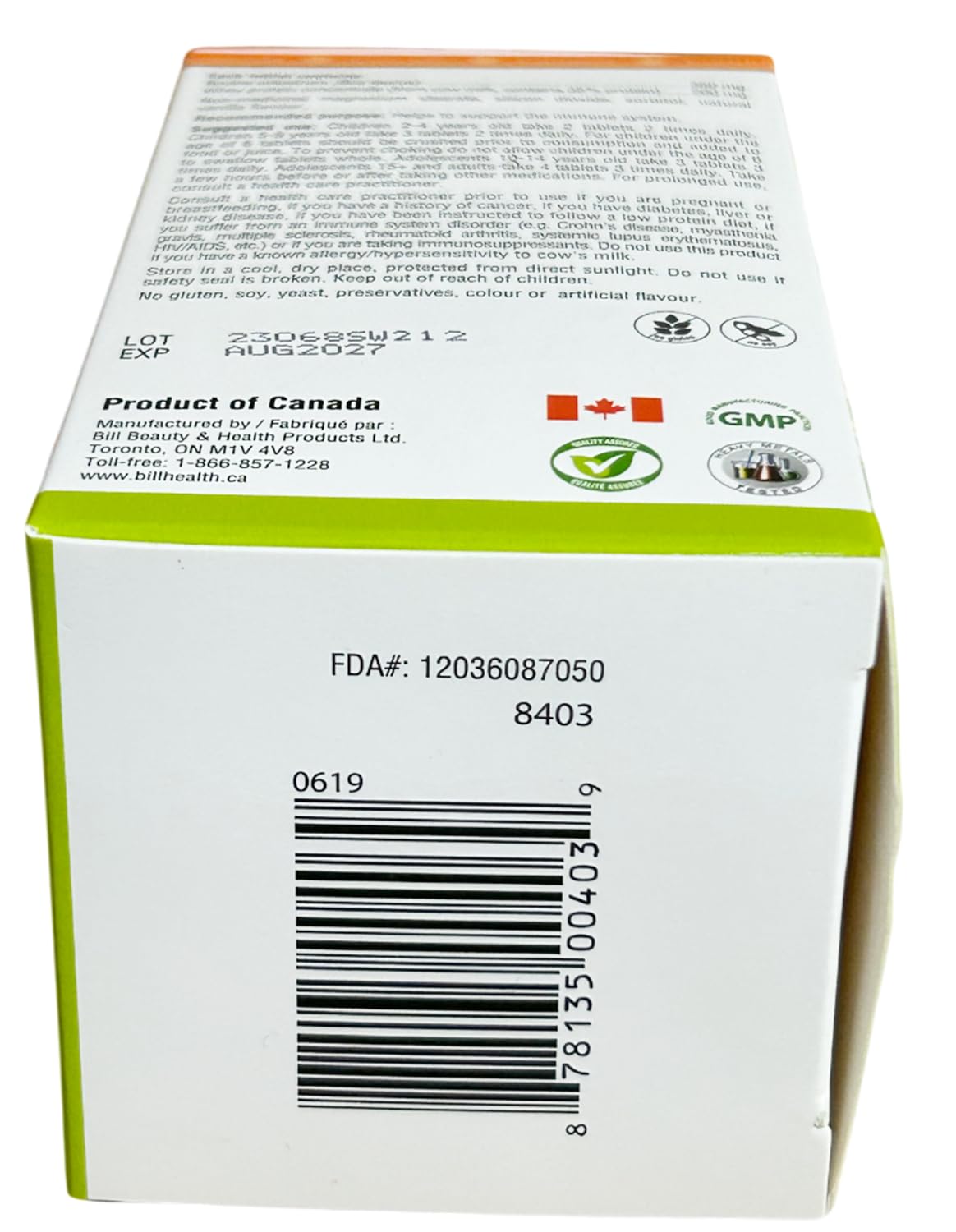 Bill Natural Sources Ninos Colostro masticables ingredientes clave: contiene 350 mg de colostro bovino.