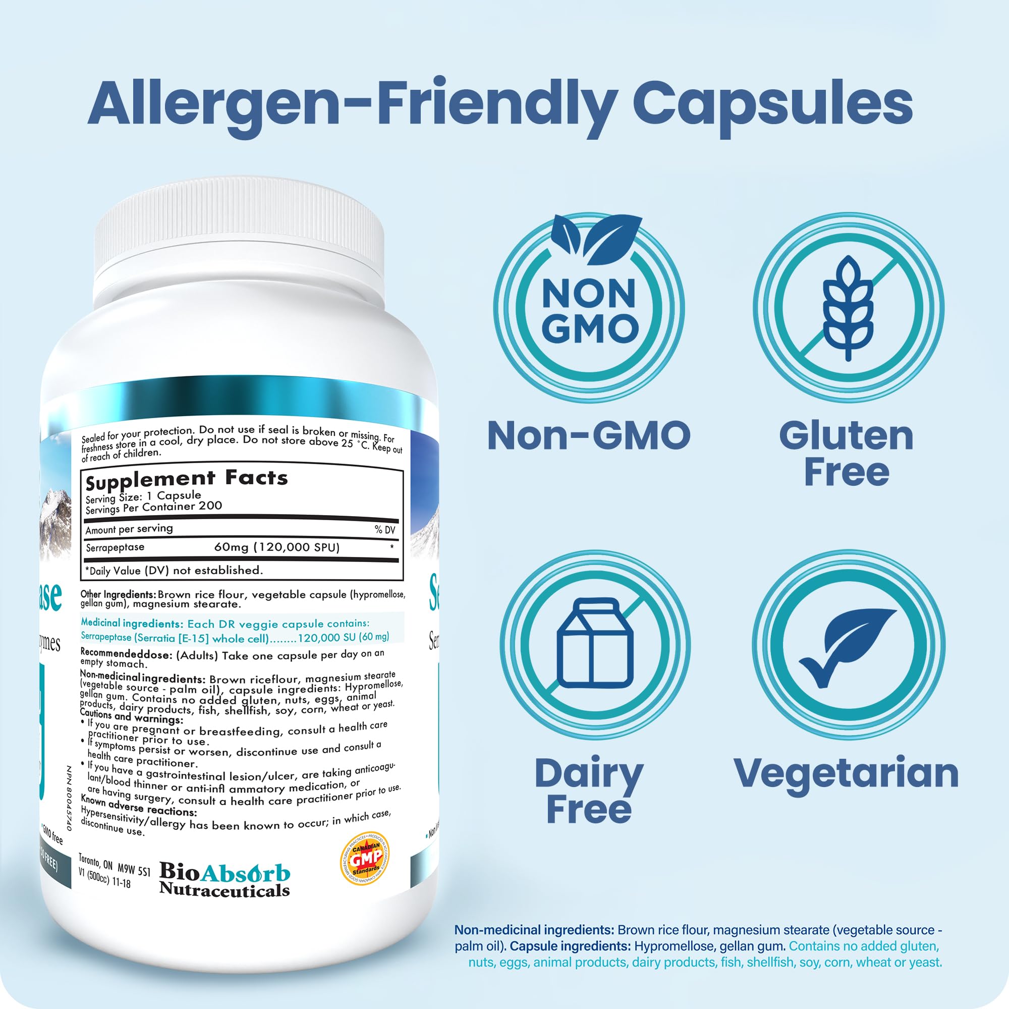 Bio Absorb Serrapeptase: fórmula vegetariana libre de OGM.