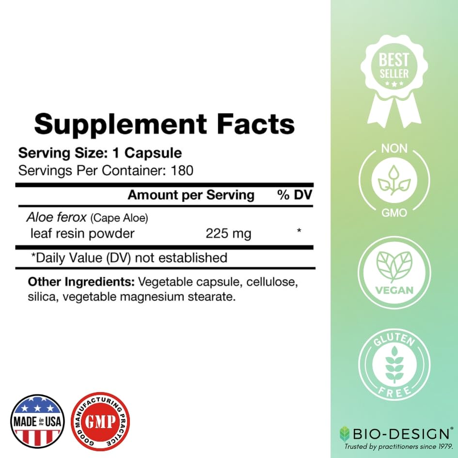 Bio-Design Aloe Lax 225 etiqueta frontal que destaca aloe ferox y dosis