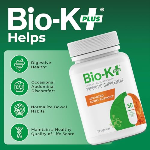 Cápsulas Bio-K Plus con 50 mil millones CFU para digestión.