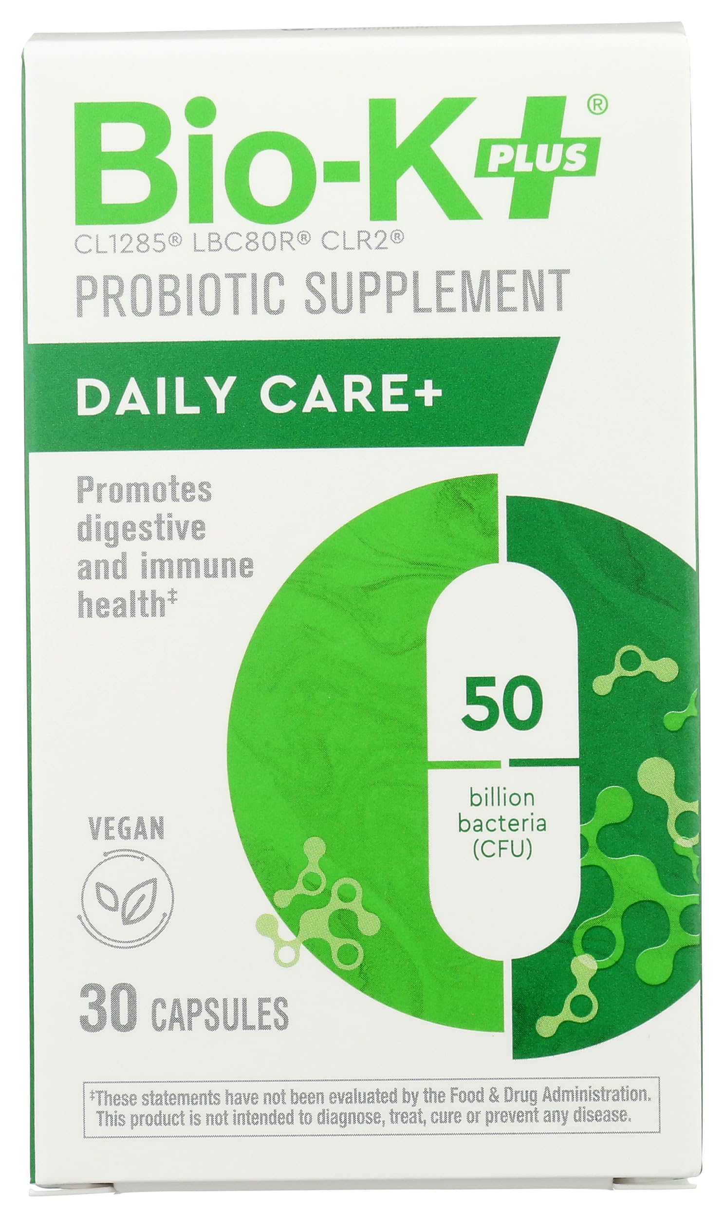 Bio-K Plus Dailycare: botella frontal con 50 mil millones de probióticos para la salud intestinal.