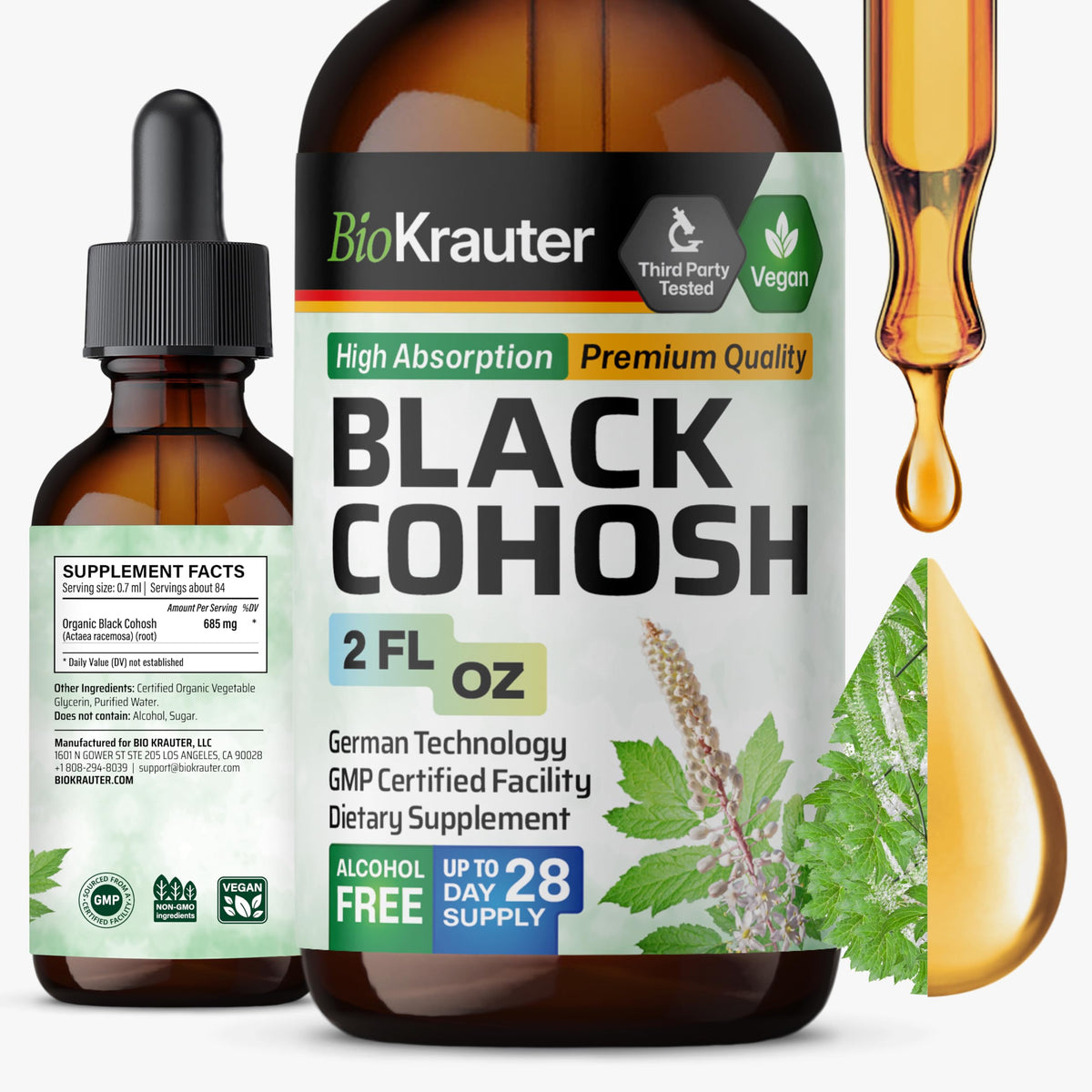 BIO KRAUTER botella cohosh negro frente, bienestar femenino diario.