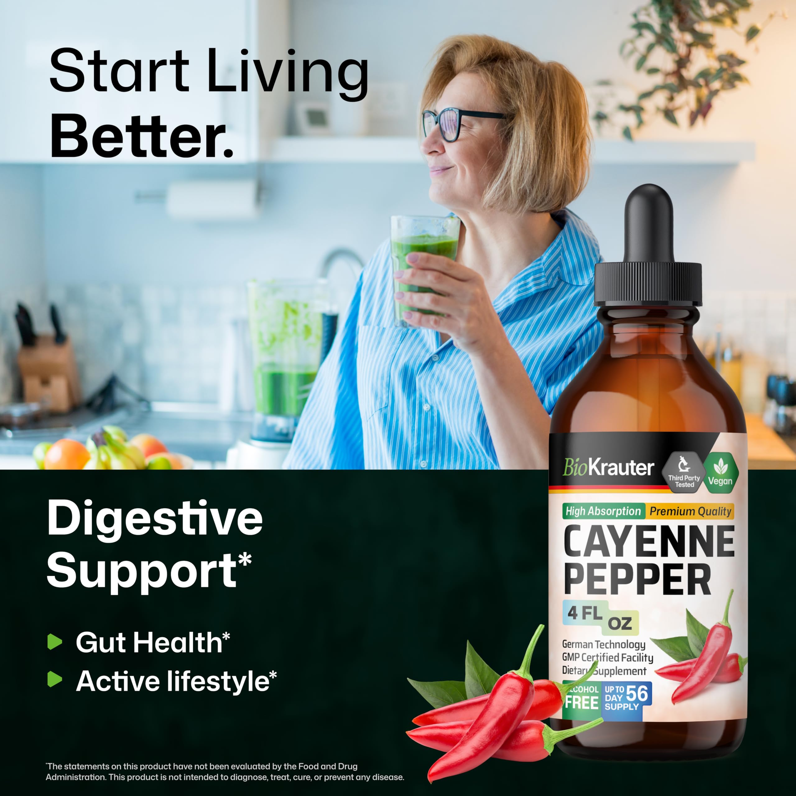 BioKrauter Cayenne Drops mezcladas con agua, sabor agradable sin alcohol.