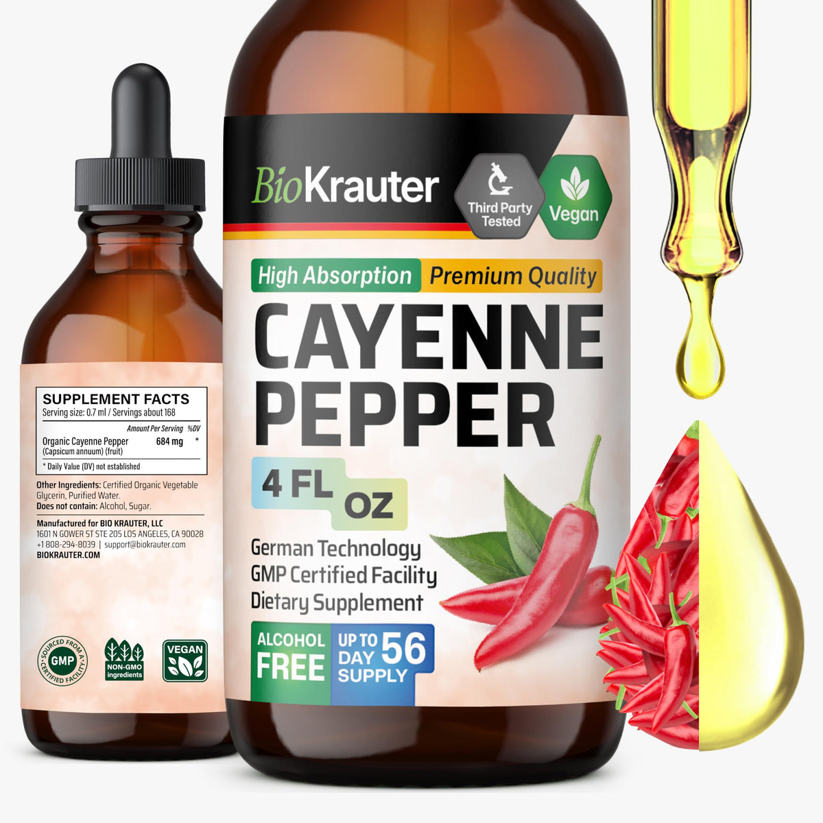 BioKrauter Cayenne Drops en frasco, apoyo suave a la digestión diaria.