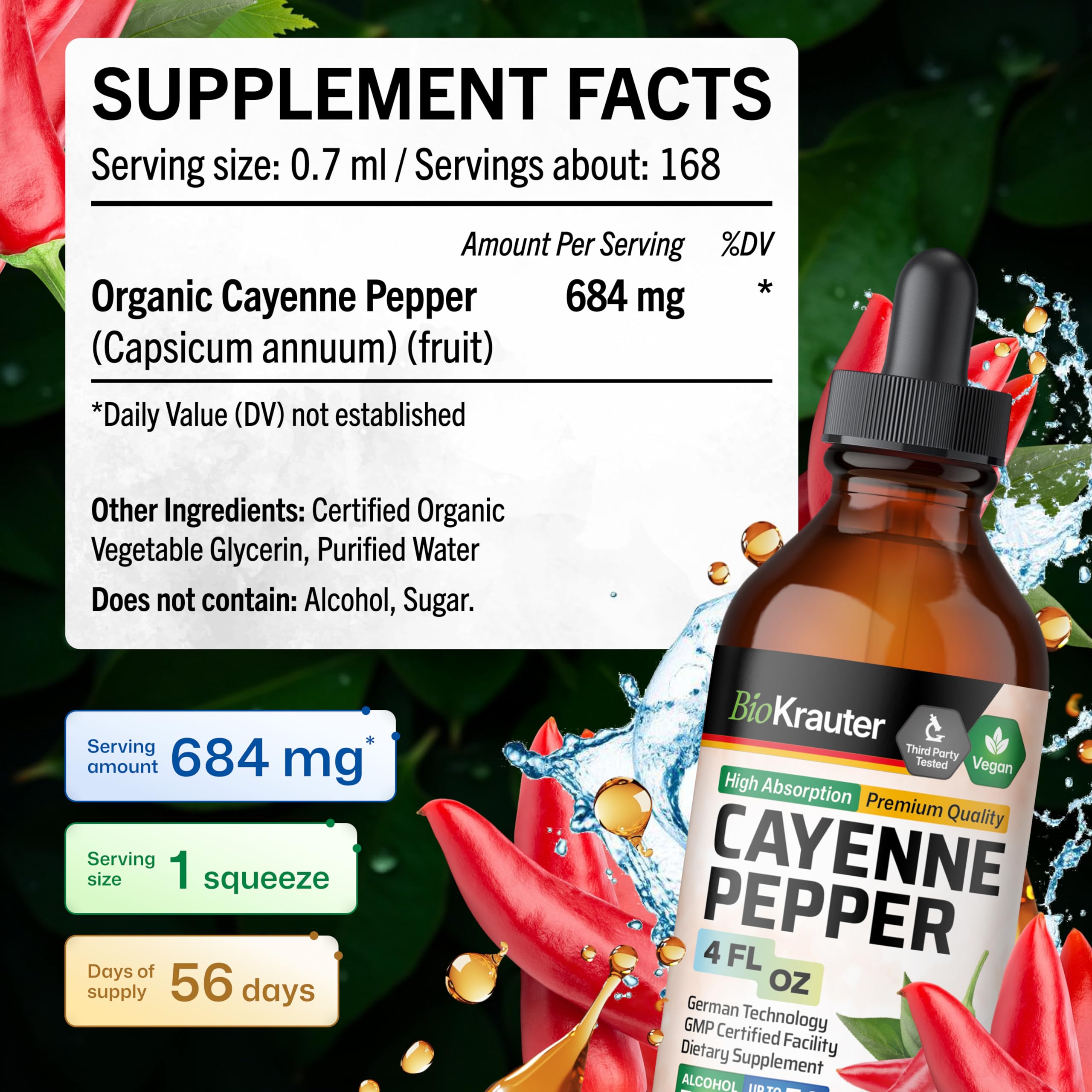 BioKrauter Cayenne Drops sin alcohol, aptas para estilos de vida diversos.