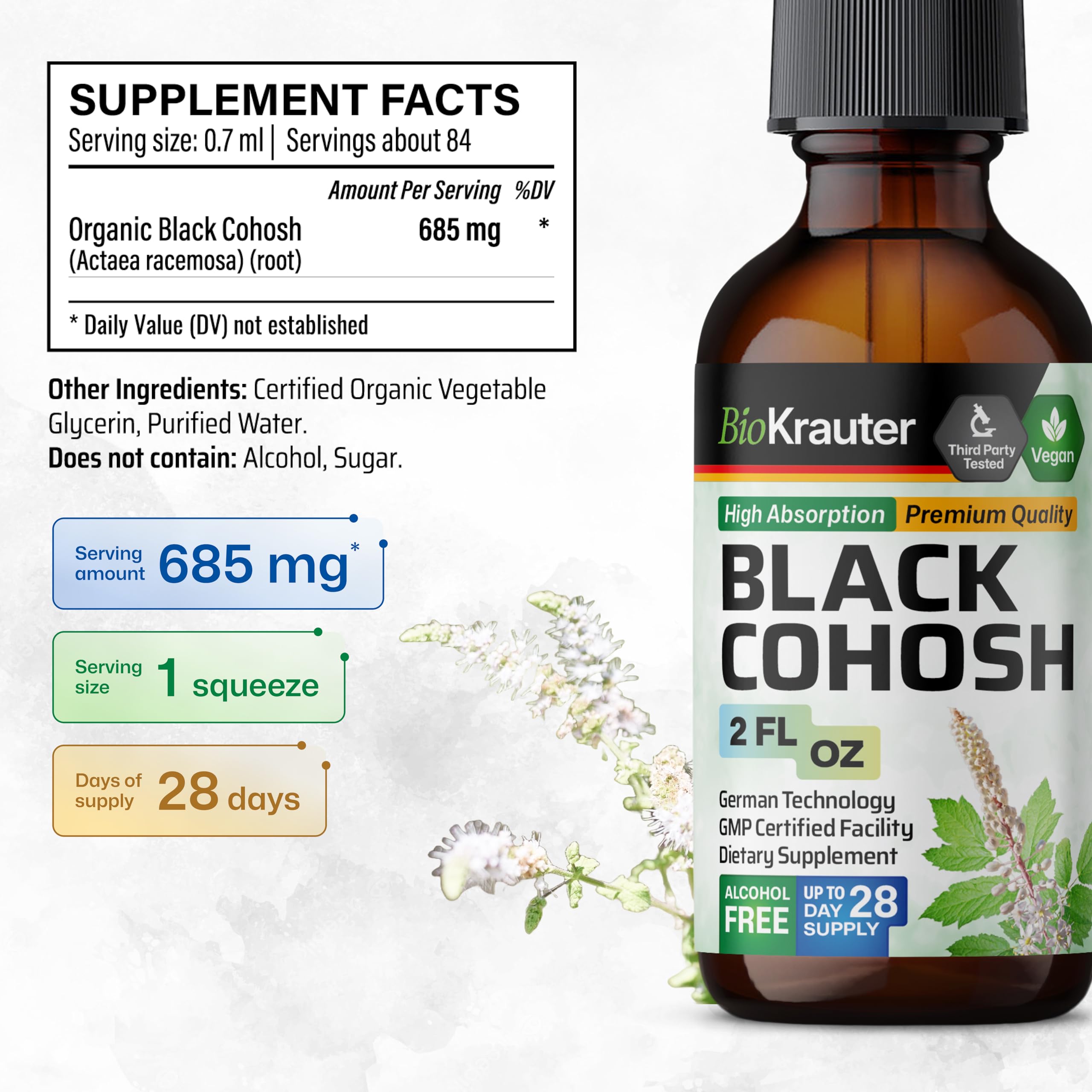 BIO KRAUTER detalle ingredientes cohosh, etiqueta trasera clara.