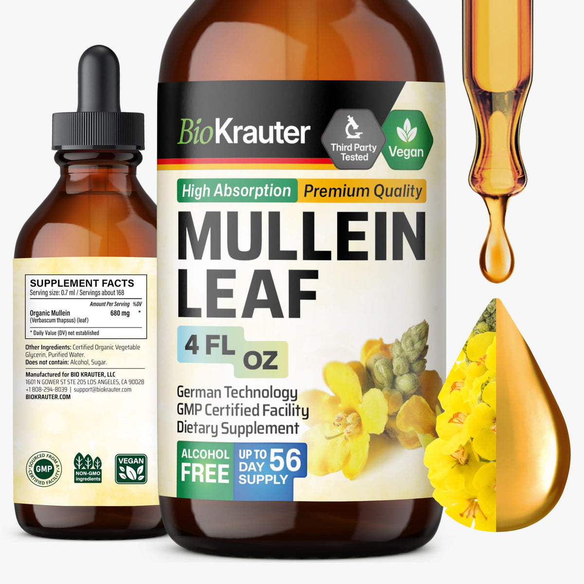 BioKrauter, gotas de mullein en frasco para apoyo respiratorio diario.