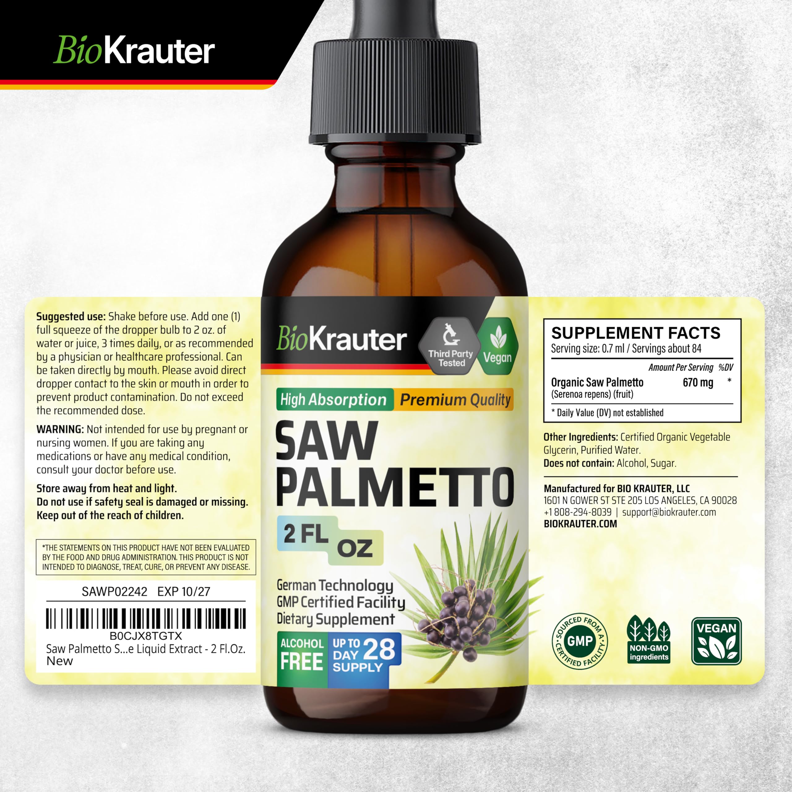 BIO KRAUTER Palma Enana ingredientes de origen global.
