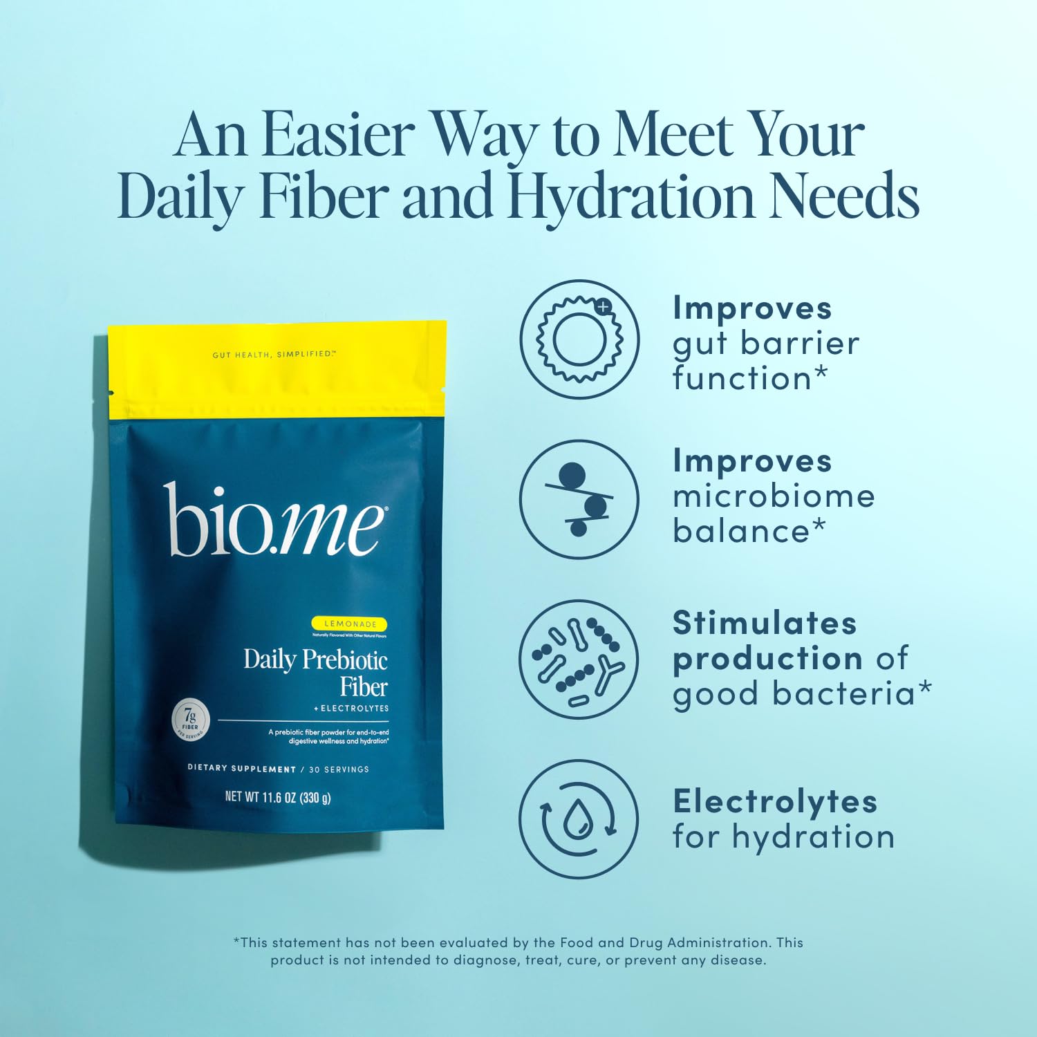 Bio.me fibra prebiótica diaria, vaso de agua con sabor limón para hidratación fácil.