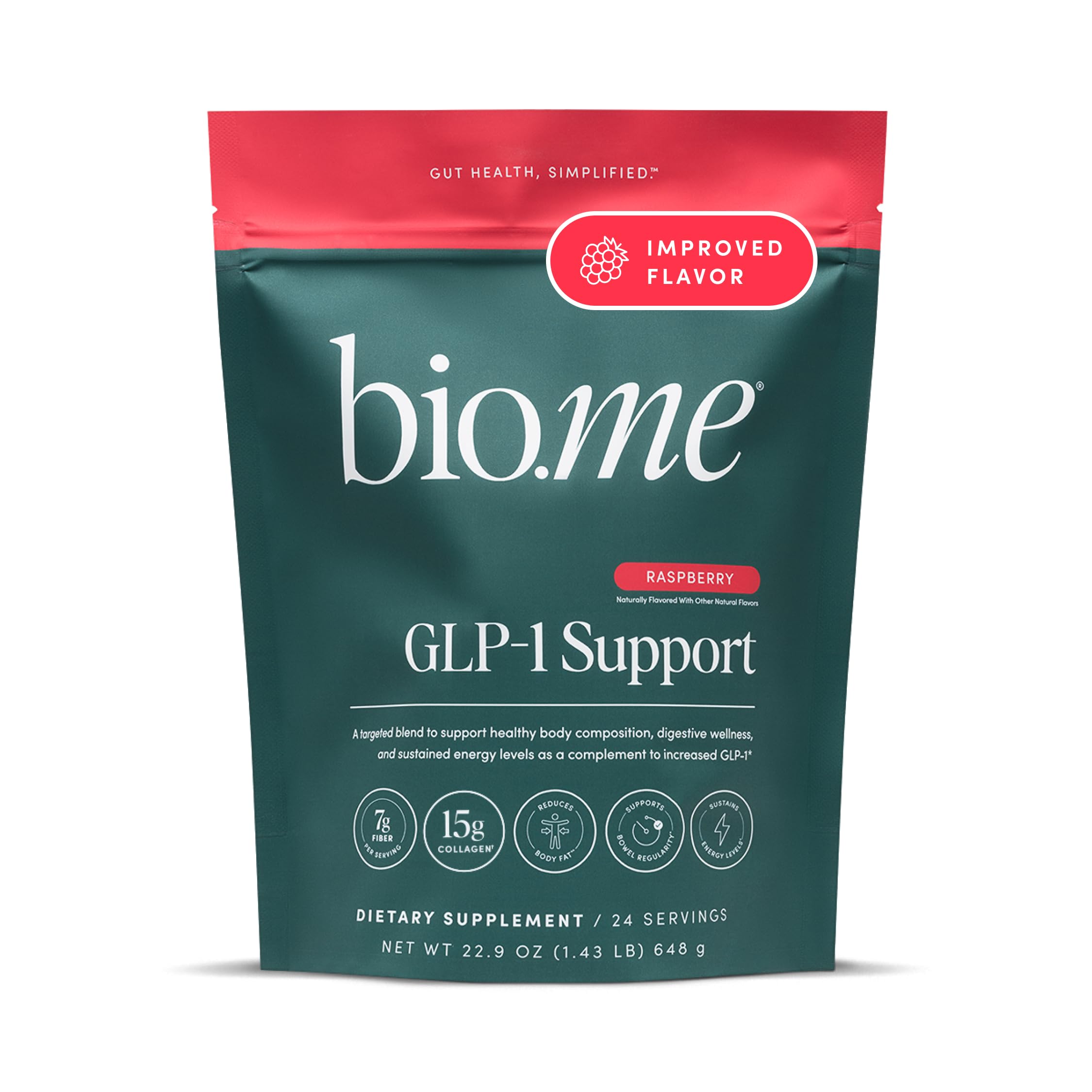 Bio.me GLP-1 Soporte: polvo frambuesa en frasco, apoyo digestivo suave.