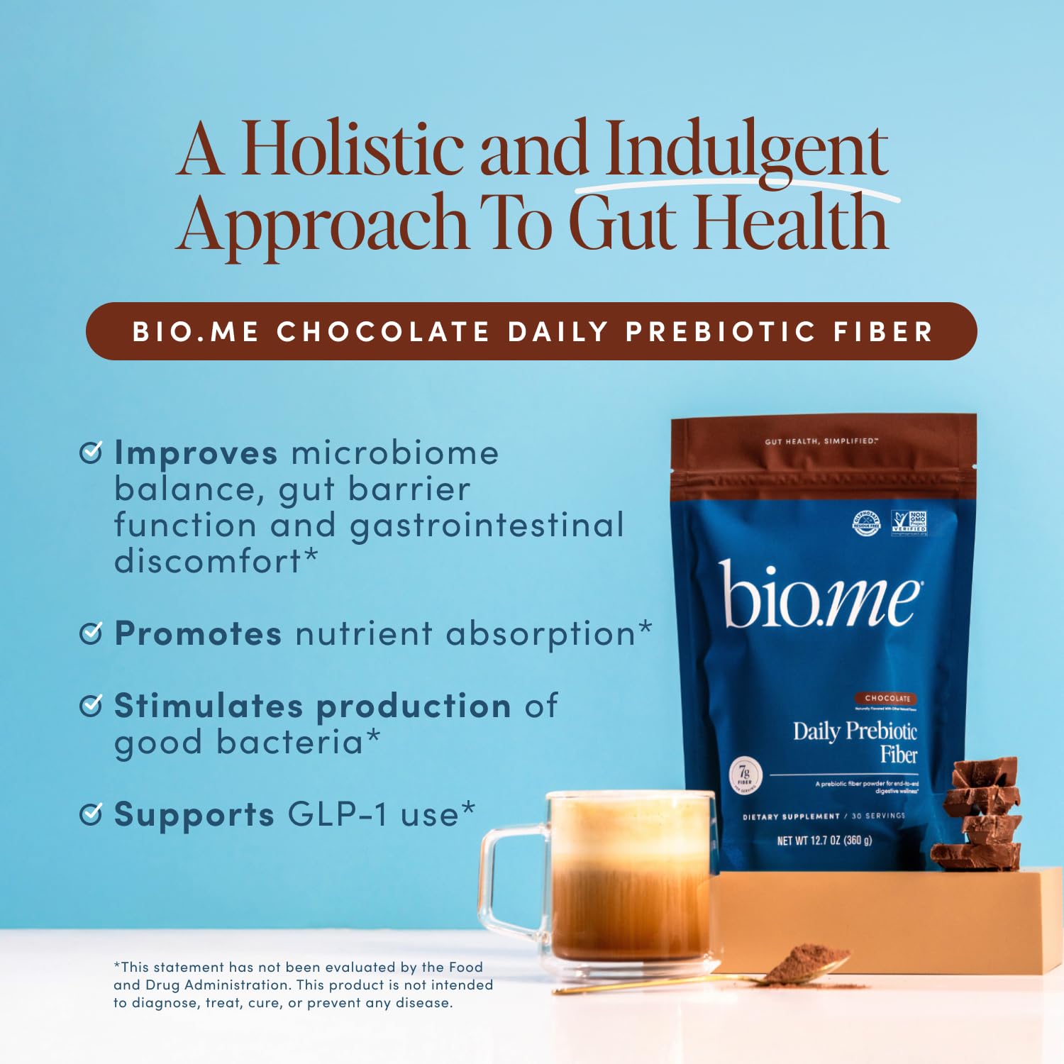 Bio.me polvo prebiótico diario fibra chocolate cuchara medidora para dosis precisa.